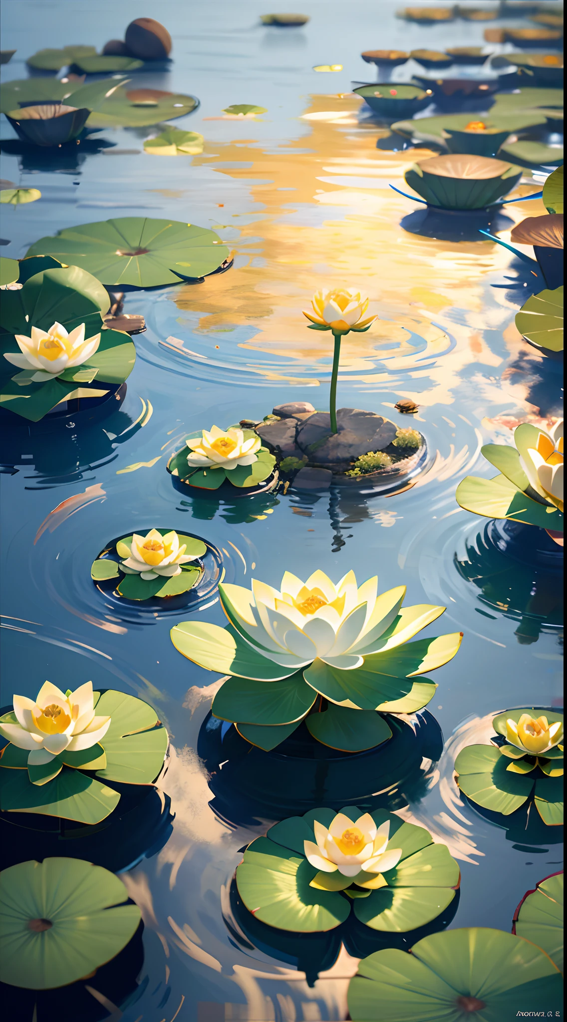 top view lotus flowers on the water surface, highly detailed render, concept art, depth of field, bokeh, octane render, sunny mystical atmosphere Elemental flowers, 32k, cinema