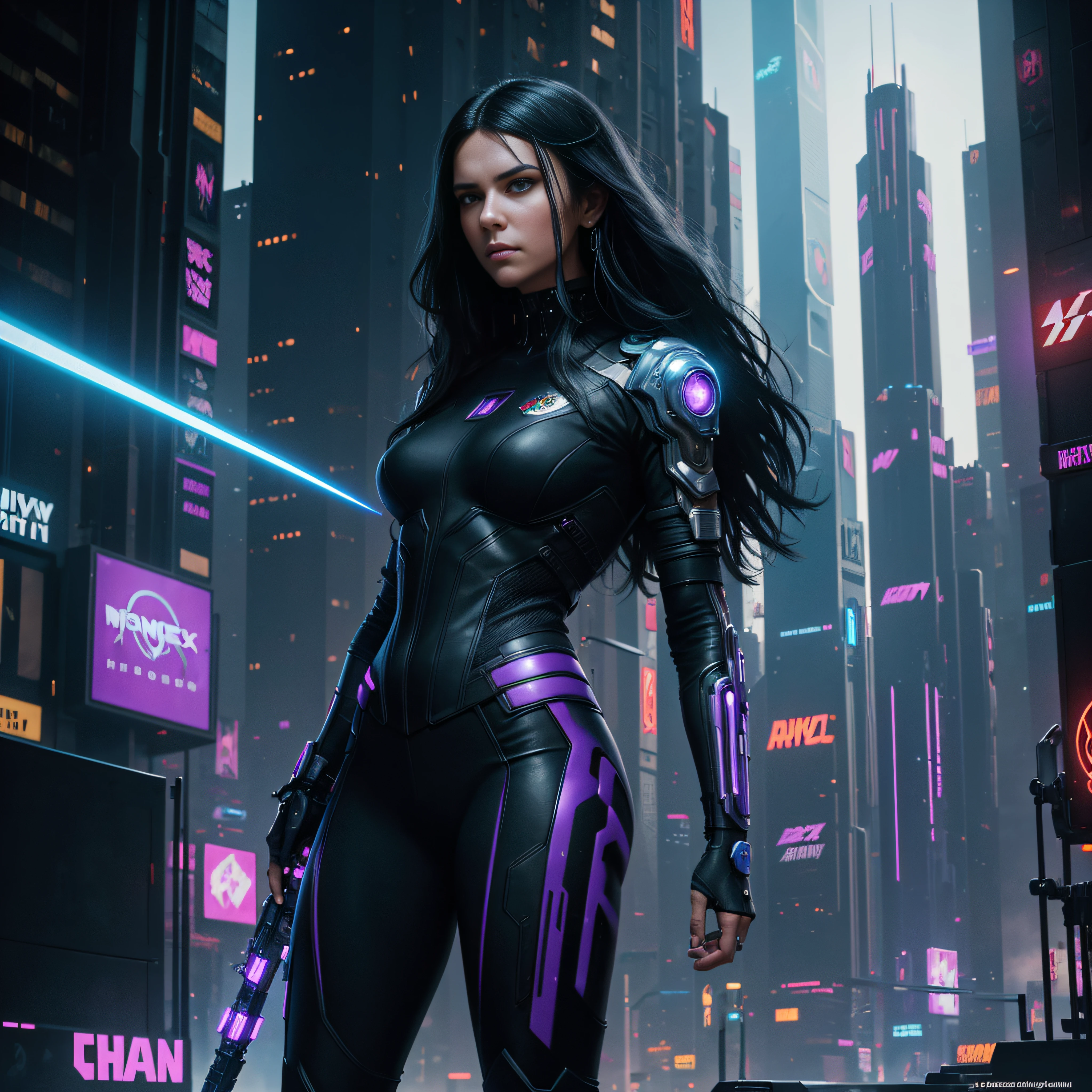 In the future cyberpunk world,Morgana,rails,safe,ellegance,,Superskirt,Her body exudes a cold light,The patterns and lines on the body seem to be beating,Show her integration with high technology。
Screen angle,Enhance the sense of space and dynamics。Intricate high-rise buildings and pipelines in the background,Neon lights and electronic screens flashing,Create a strong contrast between low-life and high-tech。
The overall tone is dominated by cool colors,accent blue、purple and red pair,Create unique light and shadow effects。Details aspect,Morgana#39;Physical details and high-tech equipment are carefully depicted,Presenting a high sense of futurism and science fiction。
Through the combination of abstract elements and lines,The image creates a mysterious and powerful atmosphere,just like morgana,The ruler of this cyberpunk world,Demonstrate her unique skills and strengths。