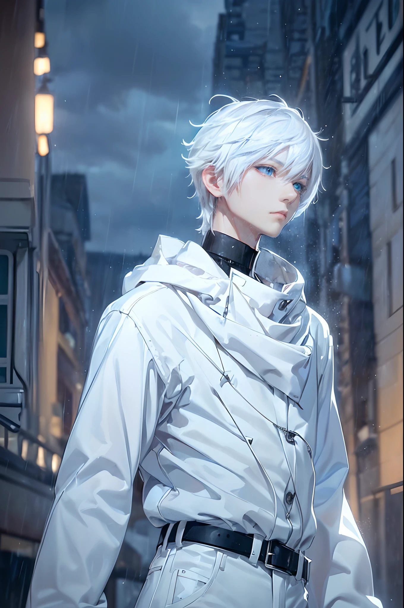 ((4K works))、​masterpiece、(top-quality)、One beautiful boy、Slim body、tall、((Black Y-shirt and white pants、Charming street style))、Please wear one jacket、Wearing a hood to hide his face、(Detailed beautiful eyes)、Morning City、((Rainy city))、Fashionable city with morning rain、During the walk、((Bright, Cloudy sky))、((Face similar to Carly Rae Jepsen))、((Short-haired white hair))、((Smaller face))、((Neutral face))、((Bright blue eyes))、((American adult male))、((Adult male 26 years old))、((Cool Men))、((Like a celebrity))、((Lonely look))、((Korean Makeup))、((elongated and sharp eyes))、((Happy dating))、((boyish))、((Upper body photography))、Professional Photos、((Model photo))、((Shot alone))、((He's under the roof))、((Looking up at the sky))、((photographed from the back))、((He is looking upwards))、((His eyes are looking upwards))、((Increase the angle of the face))、((He is walking in front of the viewer))