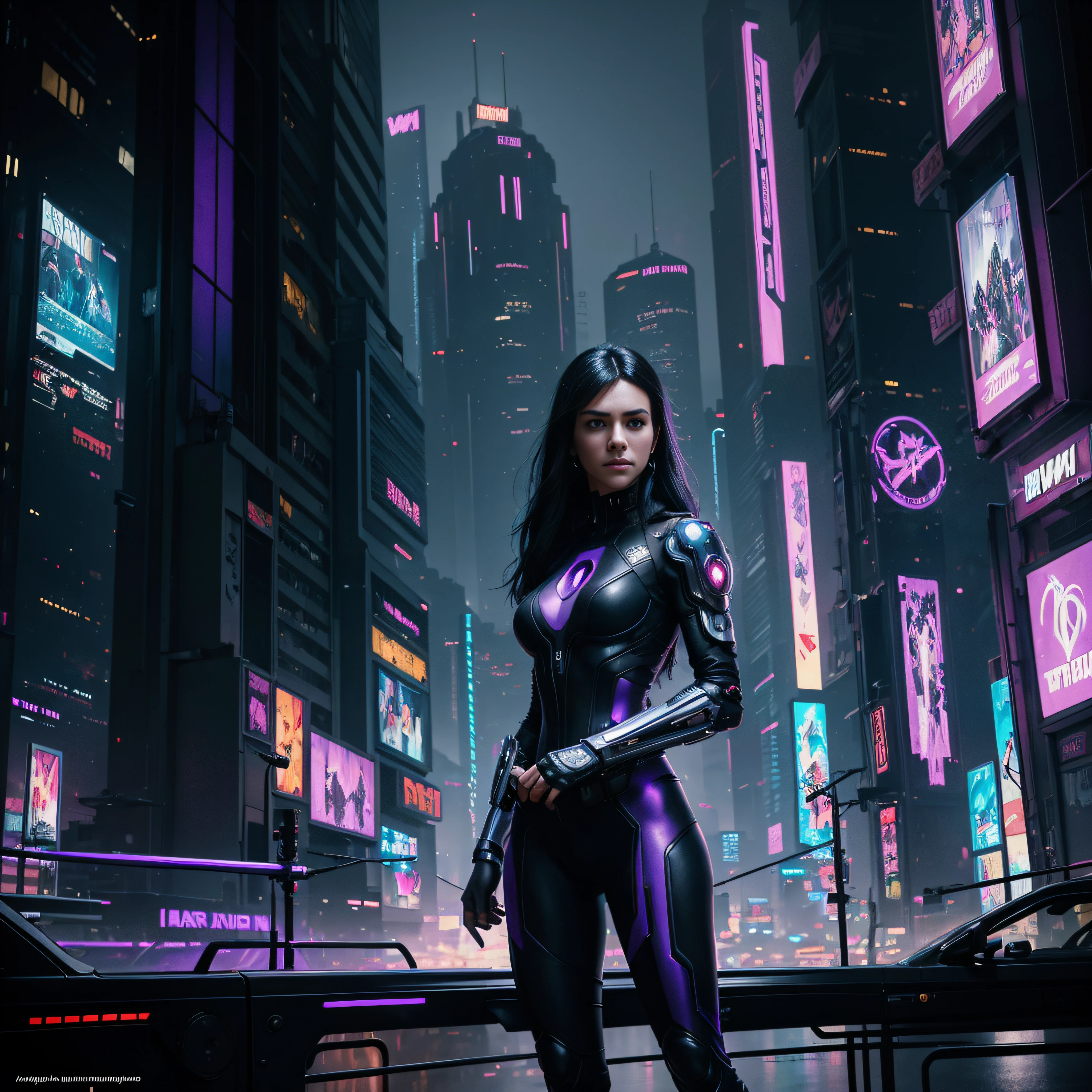 Beautiful woman, Anti-hero in black and purple uniform, Laser sword in hand, White skin, Long Black Hair, Portrait, Jeff Bridges, ((Cartoon style)), Marvel Cinematic Universe Style, (((cyberpunk city in the background))), Soft bokeh of the futuristic city, Atey Ghailan, Jeremy Mann, Greg Manchess, Antonio Moro, Trending in art stations, CGsociety trend, Convoluted, high detailing, Sharp Focus, Mid-Journey and dramatic and photorealistic pictorial art by Greg Rutkowski, Bokeh in the background --auto
