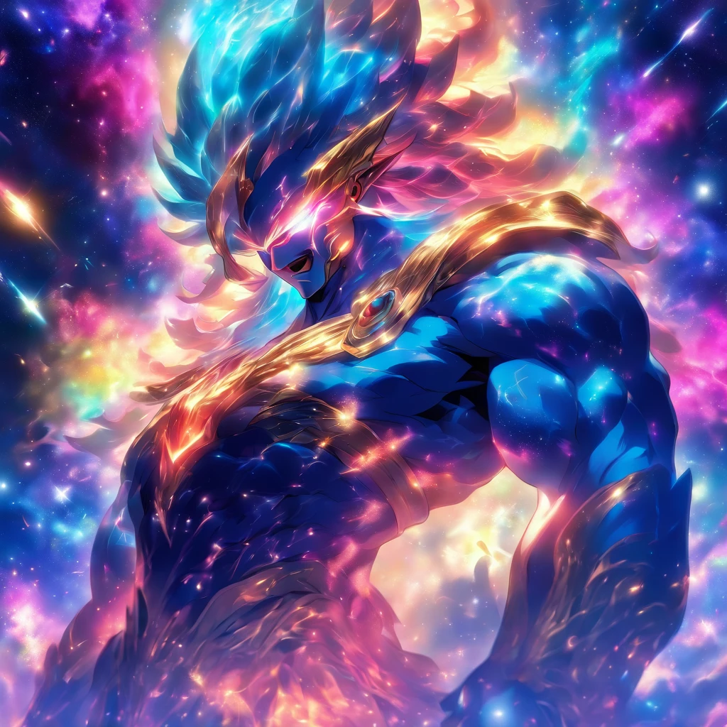 An ethereal god of the galaxy seated on a magnificent cosmic throne, with a mysterious masked face. Their muscular body is armored and composed of swirling galaxies, emanating cosmic energy. The scene is bathed in a mesmerizing multicolored glow, as celestial bodies orbit around them --s 150 --ar 1:1 --c 5 --v 5.2