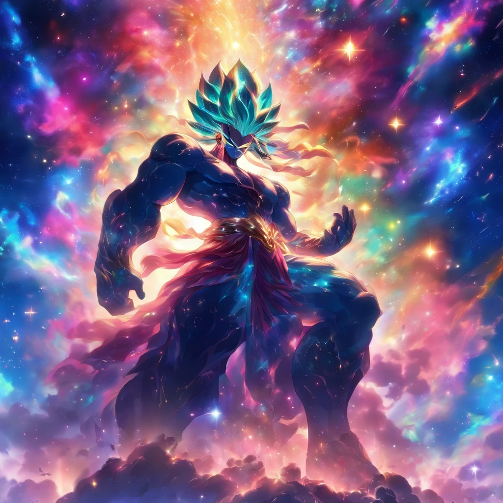An ethereal god of the galaxy seated on a magnificent cosmic throne, with a mysterious masked face. Their muscular body is armored and composed of swirling galaxies, emanating cosmic energy. The scene is bathed in a mesmerizing multicolored glow, as celestial bodies orbit around them --s 150 --ar 1:1 --c 5 --v 5.2