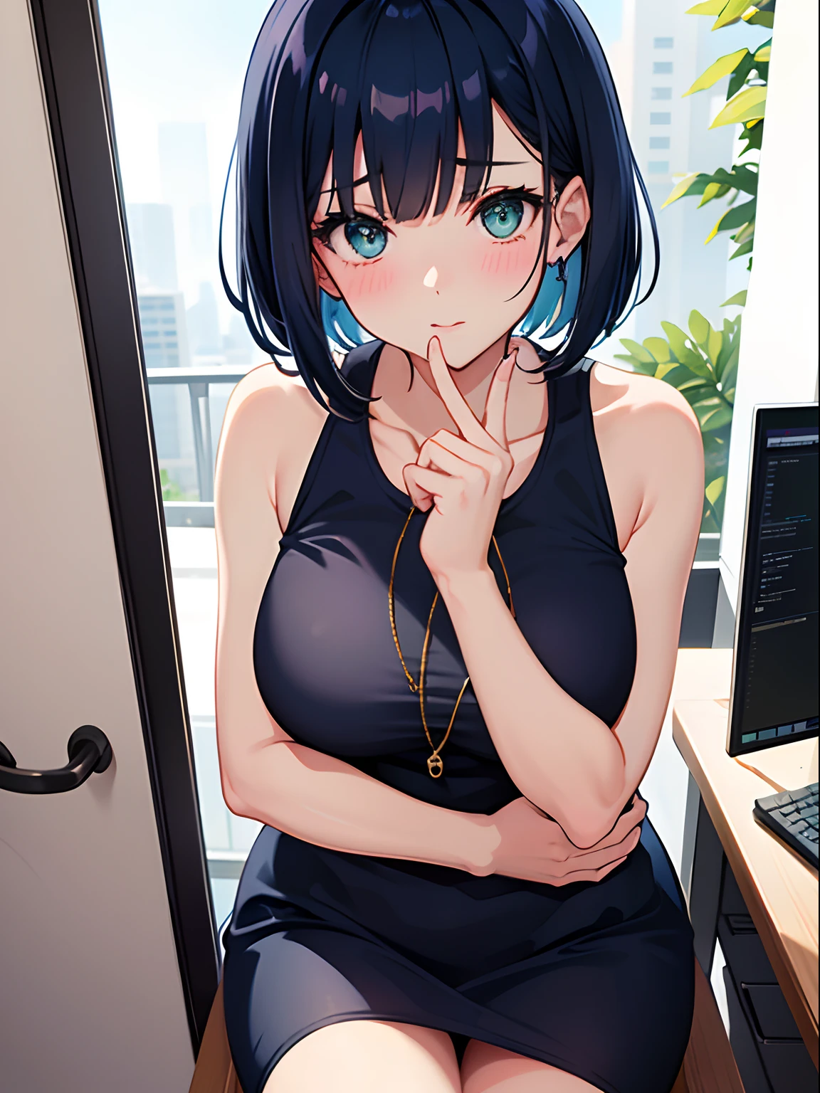 1girl in,Navy blue bob hair,Navy green eyes,Cute,blush,girlfriend,medium breasts, ty, Office Wear, office room