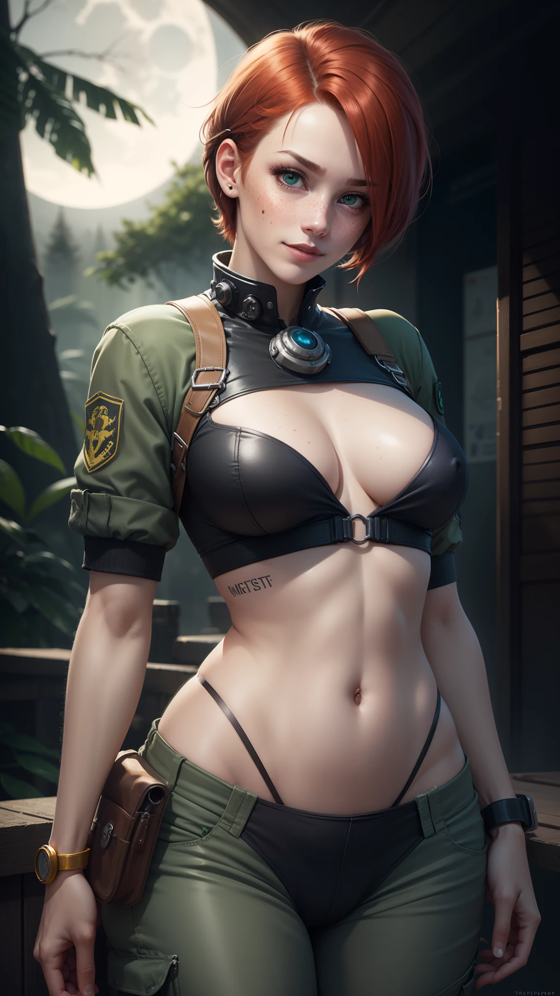 gwen tennyson,1girl,tracer,jill valentine, rebecca chambers,overwatch,resident evil,close up,mecha pilot,body paint, haunted forest,tattoos,blue and gray plugsuit,hair pin,steel short sleeve silk top,steel cargo pants,uncovered belly, short hair,cute makeup,green eyes,red and gold hair,shy smile,freckles, redhead,beautiful girl,large breasts, ultra detailed,realistic,fantasy art, military uniform,steel armor,haunted lab,moonlight,police uniform,pilot jacket,