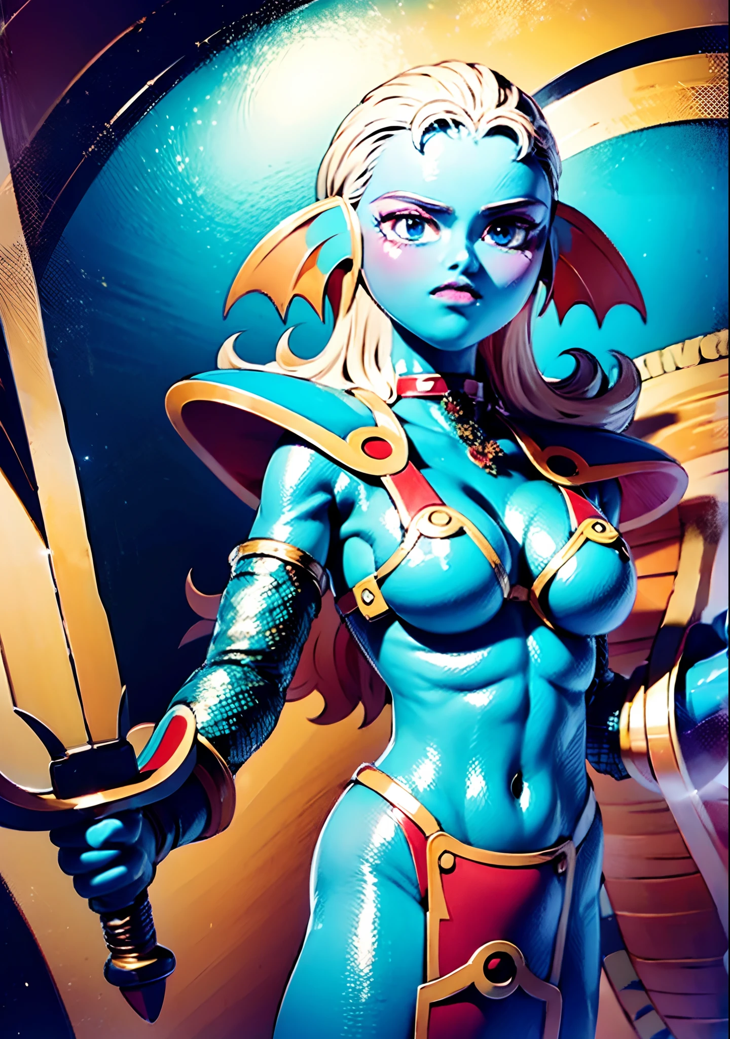 8K,High quality,Anime,married,Beautiful woman,Bright,Eye Highlights,Purple eyes,Sexy,ultra gigantic tits,oversized tits,Dark blue ,Erotic,beautiful line art. Blue skin, Blue and orange gradient fins, Black Bikini Armor, holding swords, Holding Shield, Bejeweled ornaments and bikini armor, Highly revealing outfits, Dark Facial Makeup, Golden Sword, Wooden shield,