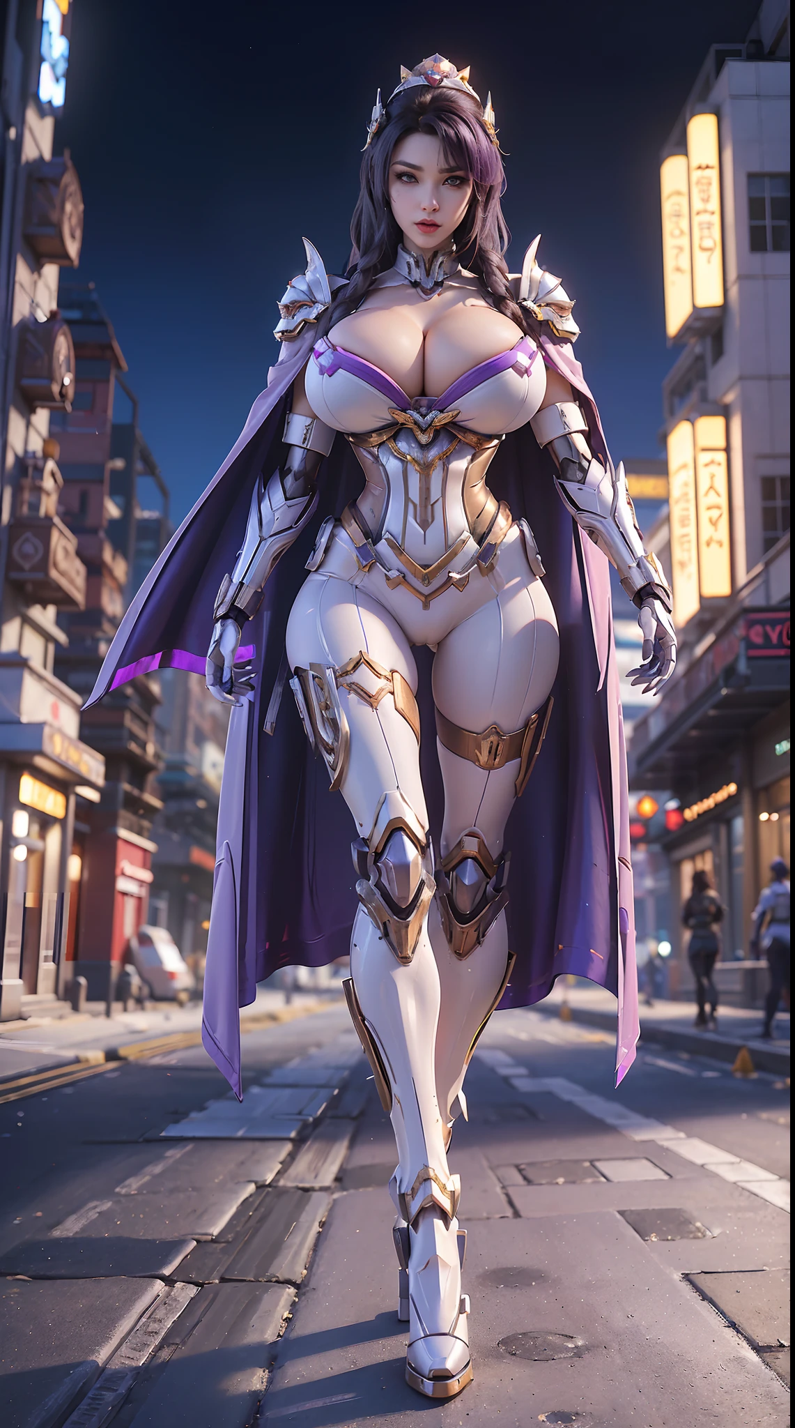 1GIRL, SOLO, (ssmile, makeup, beautifull eyes, red libs, gold ornament hair), (HUGE FAKE BOOBS:1.3), (GUARD ARM), (white, purple, blue, FROM OVERWATCH, IN FUTURISTIC ARMOR, GIRL IN MECHA CYBER ARMOR, ROYAL CAPE, CLEAVAGE, SKINTIGHT YOGA PANTS, HIGH HEELS:1.4), (SLENDER BODY, SEXY LONG LEGS, FULL BODY:1.3), (LOOKING AT VIEWER:1), (WALKING DOWN ON STREET NIGHT CITY:1.3), PHYSICALLY-BASED RENDERING, ULTRA HIGHT DEFINITION, 8K, 1080P.