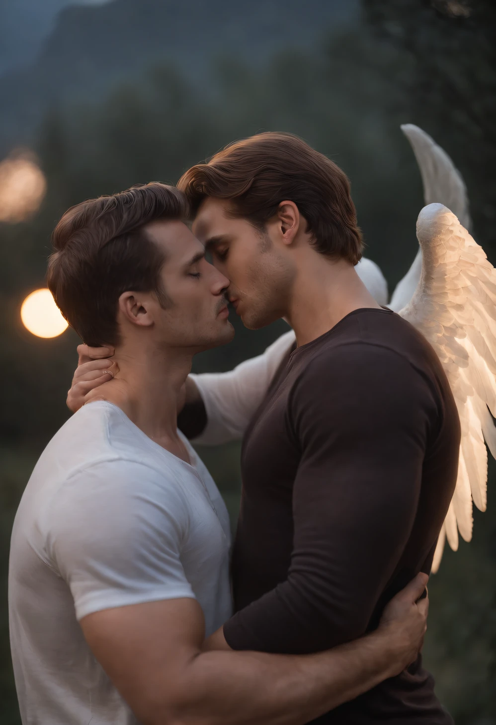 There are two men who are kissing in front of a moon, cinematic movie still, Shutterstock, filmic grain, ultra-fotorrealista, eros and thanatos, homens musculosos romanticamente juntos, Two muscular men hugging each other's arms, incubus masculino musculoso com chifres vermelho-escuros, Male angel resembling a celestial god with breathtaking angel wings, belo contraste, detalhes intrincados, o bem e o mal, Demon versus angel, o bem e o mal, capa de romance, homoerotic, amor gay, Dark Romantic Fantasy, Twilight atmospheric glow