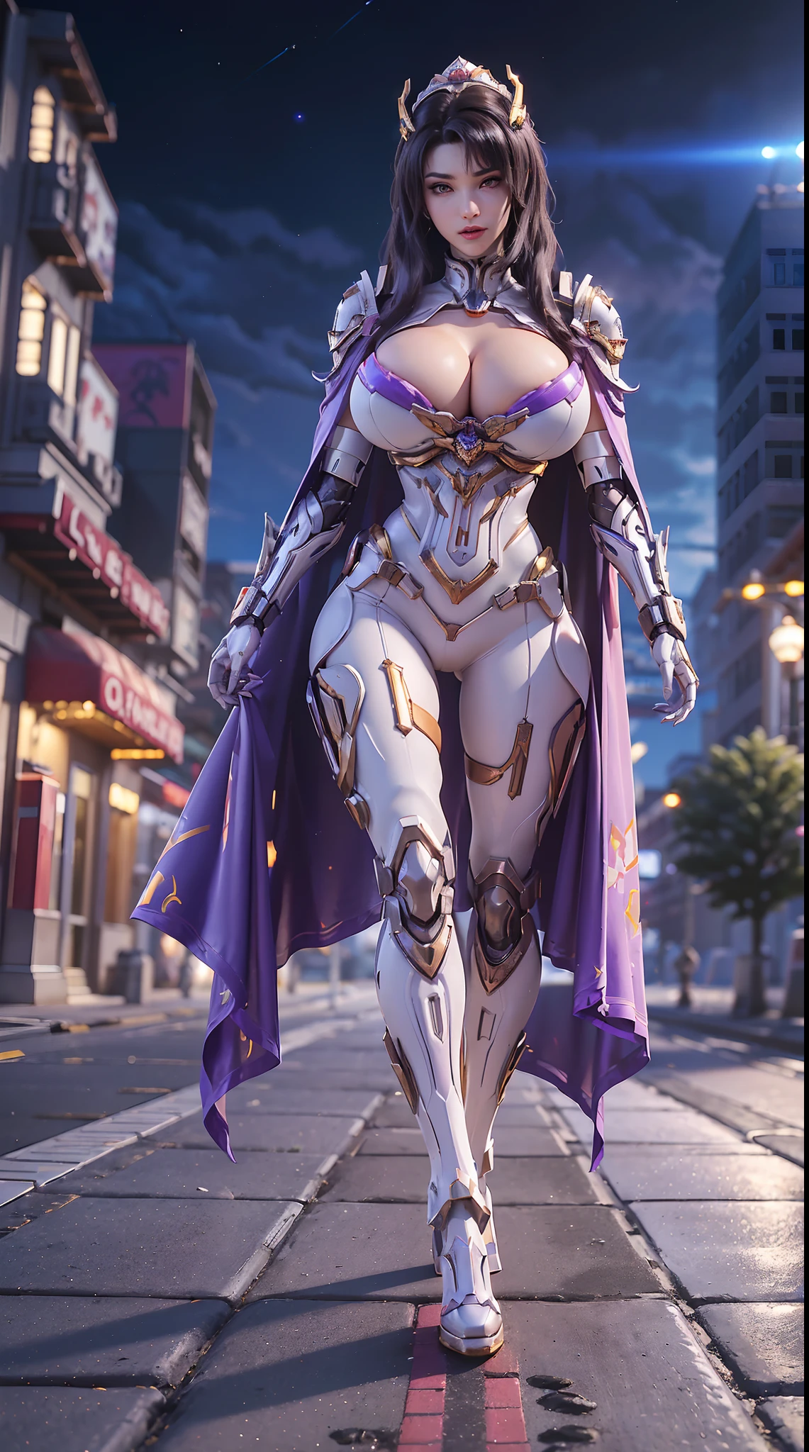 1GIRL, SOLO, (ssmile, makeup, beautifull eyes, red libs, gold ornament hair), (HUGE FAKE BOOBS:1.3), (GUARD ARM), (white, purple, blue, FROM OVERWATCH, IN FUTURISTIC ARMOR, GIRL IN MECHA CYBER ARMOR, ROYAL CAPE, CLEAVAGE, SKINTIGHT YOGA PANTS, HIGH HEELS:1.4), (SLENDER BODY, SEXY LONG LEGS, FULL BODY:1.3), (LOOKING AT VIEWER:1), (WALKING DOWN ON STREET NIGHT CITY:1.3), PHYSICALLY-BASED RENDERING, ULTRA HIGHT DEFINITION, 8K, 1080P.