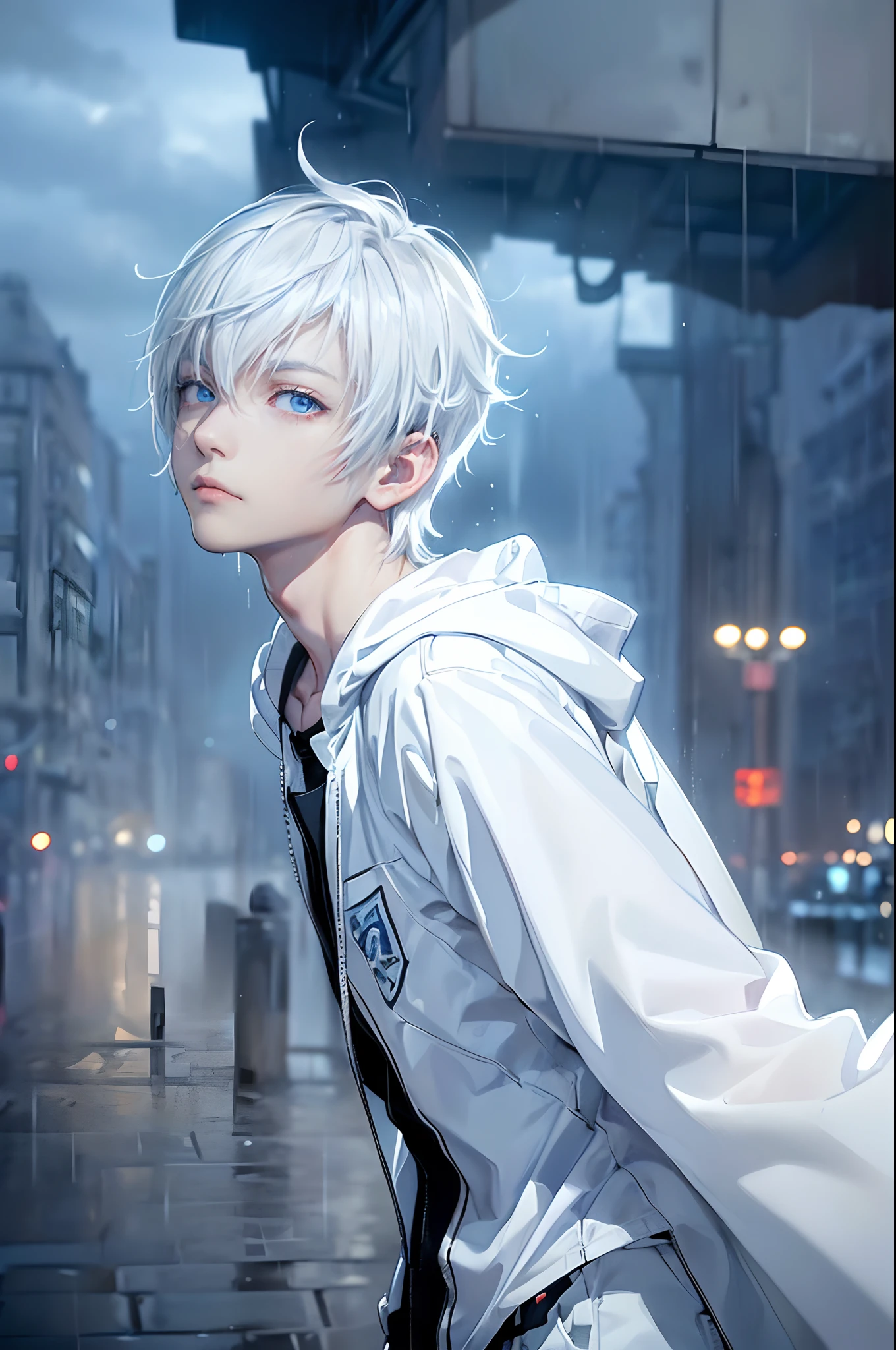 ((4K works))、masterpiece、(top-quality)、One beautiful boy、Slim body、tall、((Black Y-shirt and white pants、Charming street style))、Please wear one jacket、Wearing a hood to hide his face、(Detailed beautiful eyes)、Morning City、((Rainy city))、Fashionable city with morning rain、During the walk、((Bright, Cloudy sky))、((Face similar to Carly Rae Jepsen))、((Short-haired white hair))、((Smaller face))、((Neutral face))、((Bright blue eyes))、((American adult male))、((Adult male 26 years old))、((Cool Men))、((Like a celebrity))、((Lonely look))、((Korean Makeup))、((elongated and sharp eyes))、((Happy dating))、((boyish))、((Upper body photography))、Professional Photos、((Model photo))、((Shot alone))、((He's under the roof))、((Looking up at the sky))、((photographed from the back))、((He is looking upwards))、((His eyes are looking upwards))、((Increase the angle of the face))、((He is walking in front of the viewer))