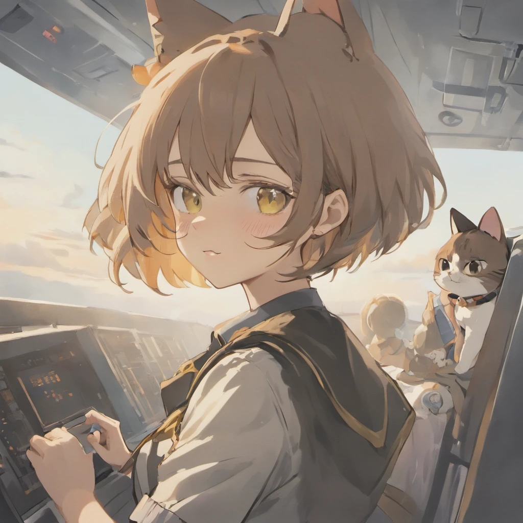 1girl, short black bob hair, yellow eyes, Round glasses, tan skin,dark skin ,BROWN SKIN, SHE HAS LIGHT BROWN SKIN, ite body, wearing plain white formal work shirt, wearing long black pants, business tie, absurdres, high res, ultrasharp, 8k, masterpiece, looking at viewer, cat ears, airline pilot uniform, airline pilot hat, white background, short sleeve, bangs, flat chest, whiskers, androgynous, she has cat ears on her head, she has cat teeth, cloudy background, holding pet black cat, smiling, large round glasses, no airplanes, airplane cabin background, wearing a choker on neck, collar on her neck, whiskers on her cheeks