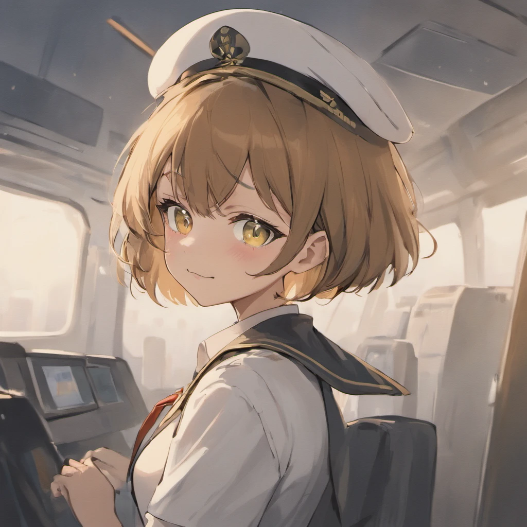 1girl, short black bob hair, yellow eyes, Round glasses, tan skin,dark skin ,BROWN SKIN, SHE HAS LIGHT BROWN SKIN, ite body, wearing plain white formal work shirt, wearing long black pants, business tie, absurdres, high res, ultrasharp, 8k, masterpiece, looking at viewer, cat ears, airline pilot uniform, airline pilot hat, white background, short sleeve, bangs, flat chest, whiskers, androgynous, she has cat ears on her head, she has cat teeth, cloudy background, holding pet black cat, smiling, large round glasses, no airplanes, airplane cabin background, wearing a choker on neck, collar on her neck, whiskers on her cheeks