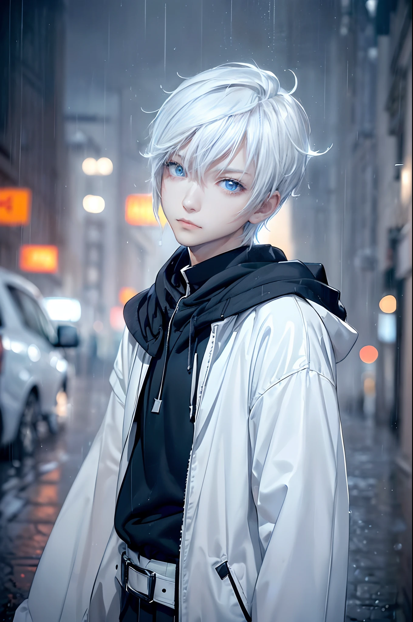 ((4K works))、masterpiece、(top-quality)、One beautiful boy、Slim body、tall、((Black Y-shirt and white pants、Charming street style))、Please wear one jacket、Wearing a hood to hide his face、(Detailed beautiful eyes)、Morning City、((Rainy city))、Fashionable city with morning rain、During the walk、((Bright, Cloudy sky))、((Face similar to Carly Rae Jepsen))、((Short-haired white hair))、((Smaller face))、((Neutral face))、((Bright blue eyes))、((American adult male))、((Adult male 26 years old))、((Cool Men))、((Like a celebrity))、((Lonely look))、((Korean Makeup))、((elongated and sharp eyes))、((Happy dating))、((boyish))、((Upper body photography))、Professional Photos、((Model photo))、((Shot alone))、((He's under the roof))、((Looking up at the sky))、((photographed from the back))、((He is looking upwards))、((His eyes are looking upwards))、((Increase the angle of the face))、((He is walking in front of the viewer))
