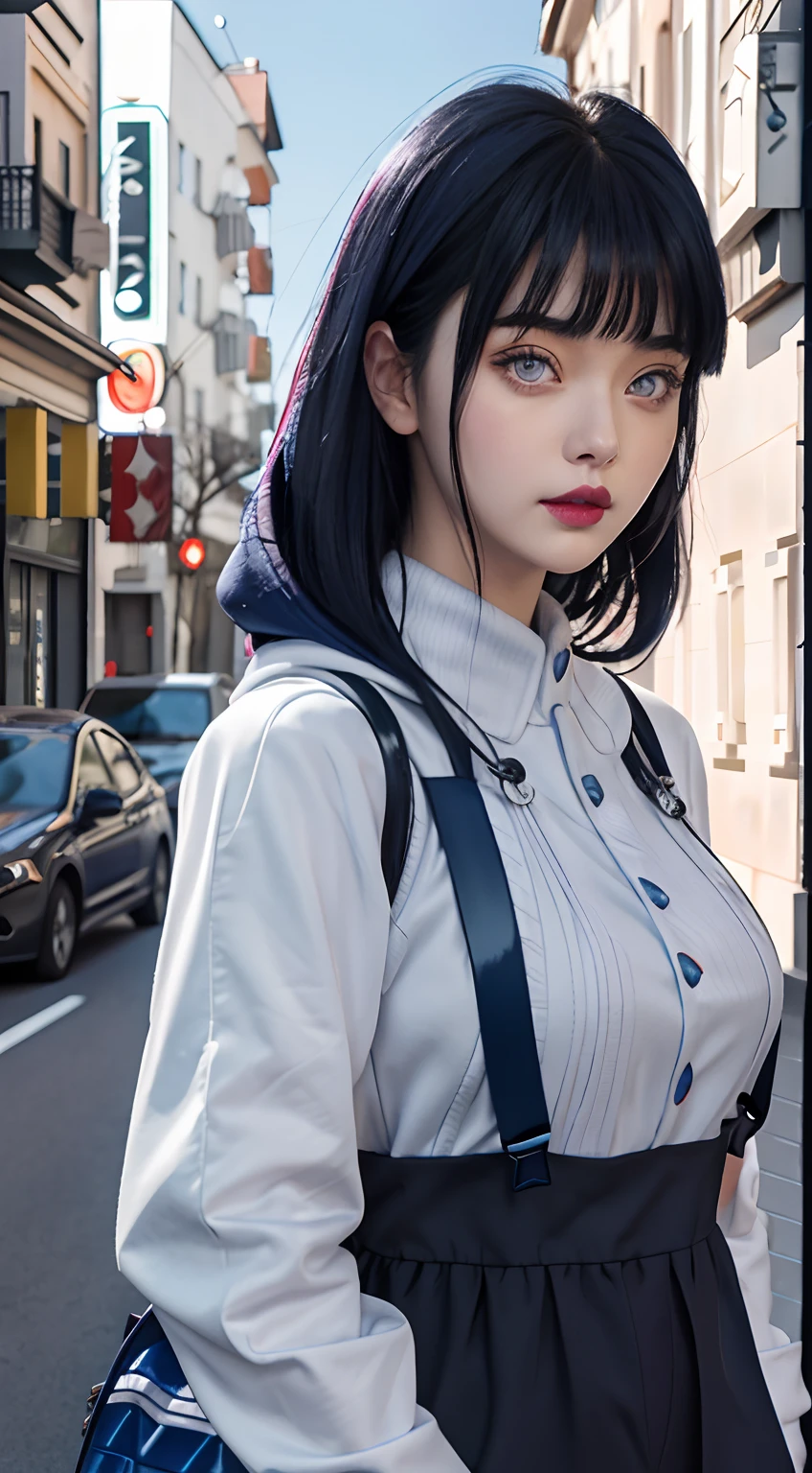 a close up of a person with long hair and a hoodie, hinata hyuga, hinata hyuga from naruto, from naruto, as an anime character, perfect anime face, she has dark blue hair with bangs, female anime character, anime character, anime best girl, hime cut hairstyle, dark blue hair, (red glossy lips:1.3), light purple eyes, big breasts, realistic, ultra detail, indoor background