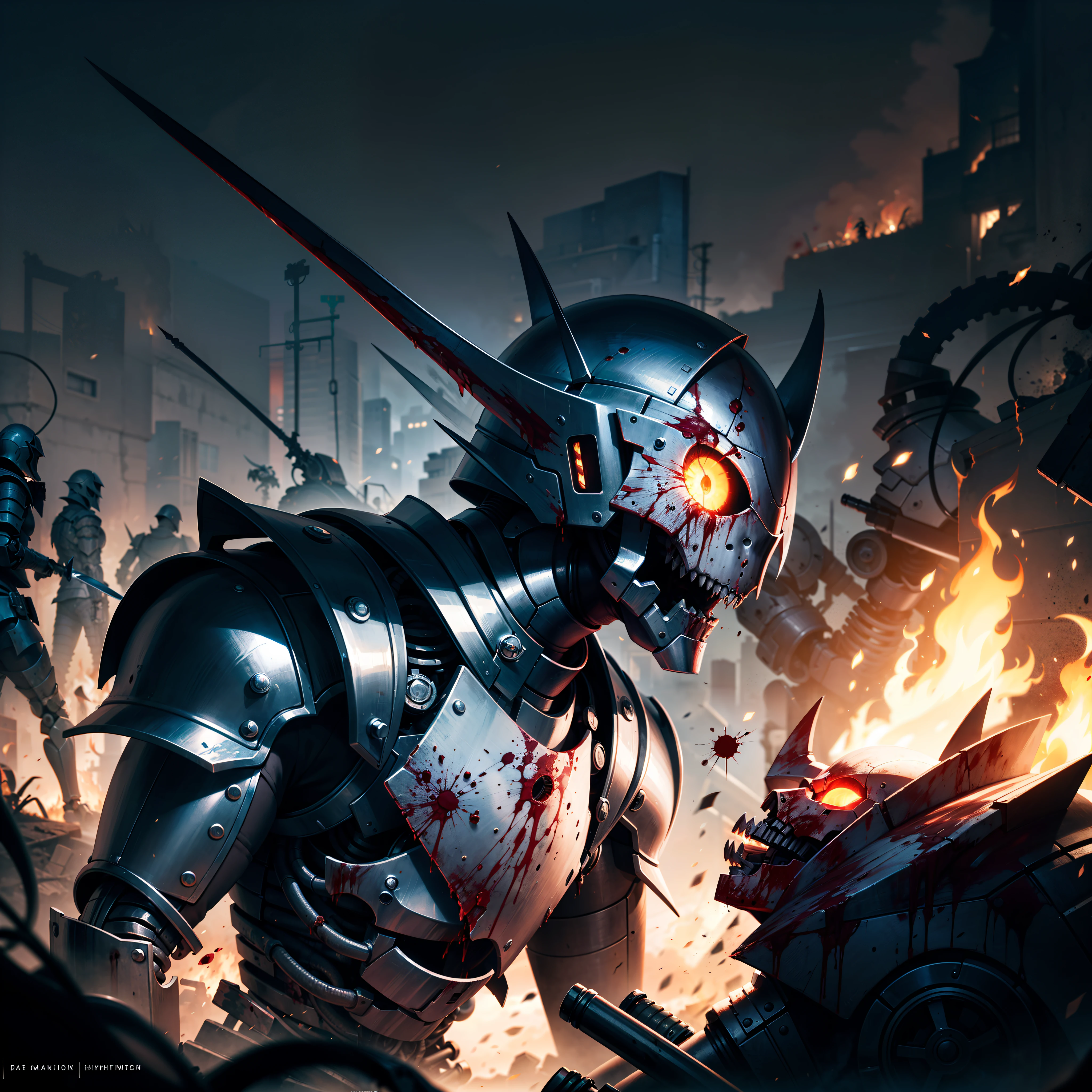 (Very detailed 8k wallpapers),The horror covered in blood(undead knight)photo from the side (Hyper-detailing),Kamen Rider,Burning eyes,(Put on the flame armor),(Semi-mechanized),(Mechanical skeleton),Mechanical details:1.2,Carry a sickle,uncanny,The dark world,Dark series