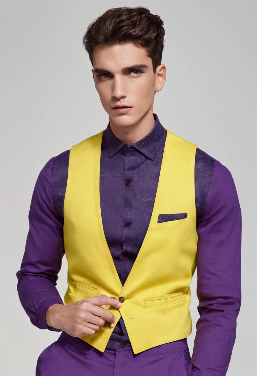 hombre, chaleco morado, tank top amarilla, morado, moda, masculino, pantalon morado,