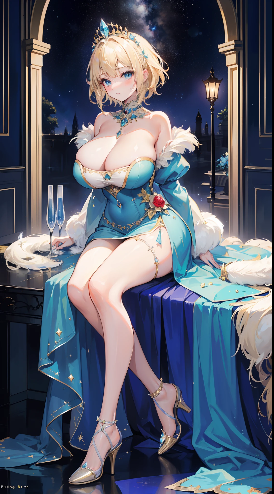 a beauty girl,ssmile,(short light blonde hair),Royal nobility,(A princess),Blue pupil,Tall figure,((Bandeau dress)),Low-cut skirt,(Starry evening dress),ta skirt,show legs,Crystal heels,Red carpet,Prom website,(nobles),(huge tit),((Fluff feathers)),(Pubic bone),Raped by a woman