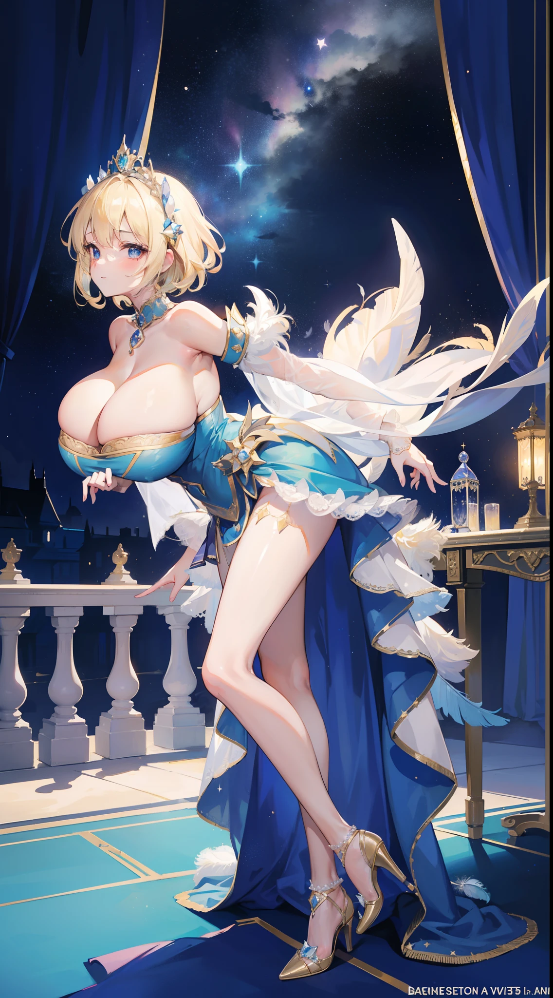 a beauty girl,ssmile,(short light blonde hair),Royal nobility,(A princess),Blue pupil,Tall figure,((Bandeau dress)),Low-cut skirt,(Starry evening dress),ta skirt,show legs,Crystal heels,Red carpet,Prom website,(nobles),(huge tit),((Fluff feathers)),(Pubic bone),Raped by a woman