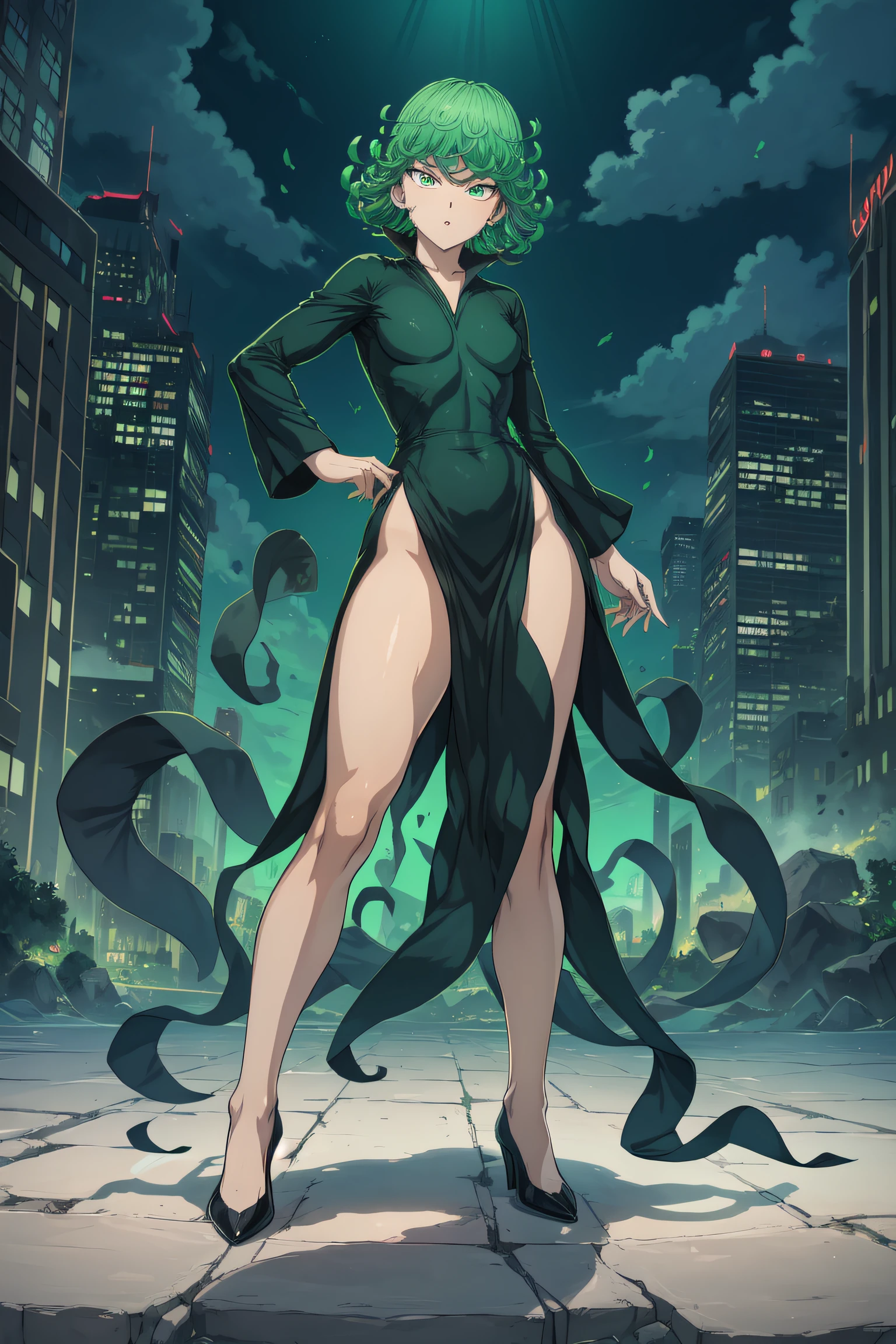 Tatsumaki of a punch man, short green hair, green eyes, medium chest, full body view, wearing black V-neck dress with long sleeves and four high-cut leg slits, smiling, Standing in a destroyed city, dynamic pose , dynamic vision , hands on hips, (((legs muscular)))