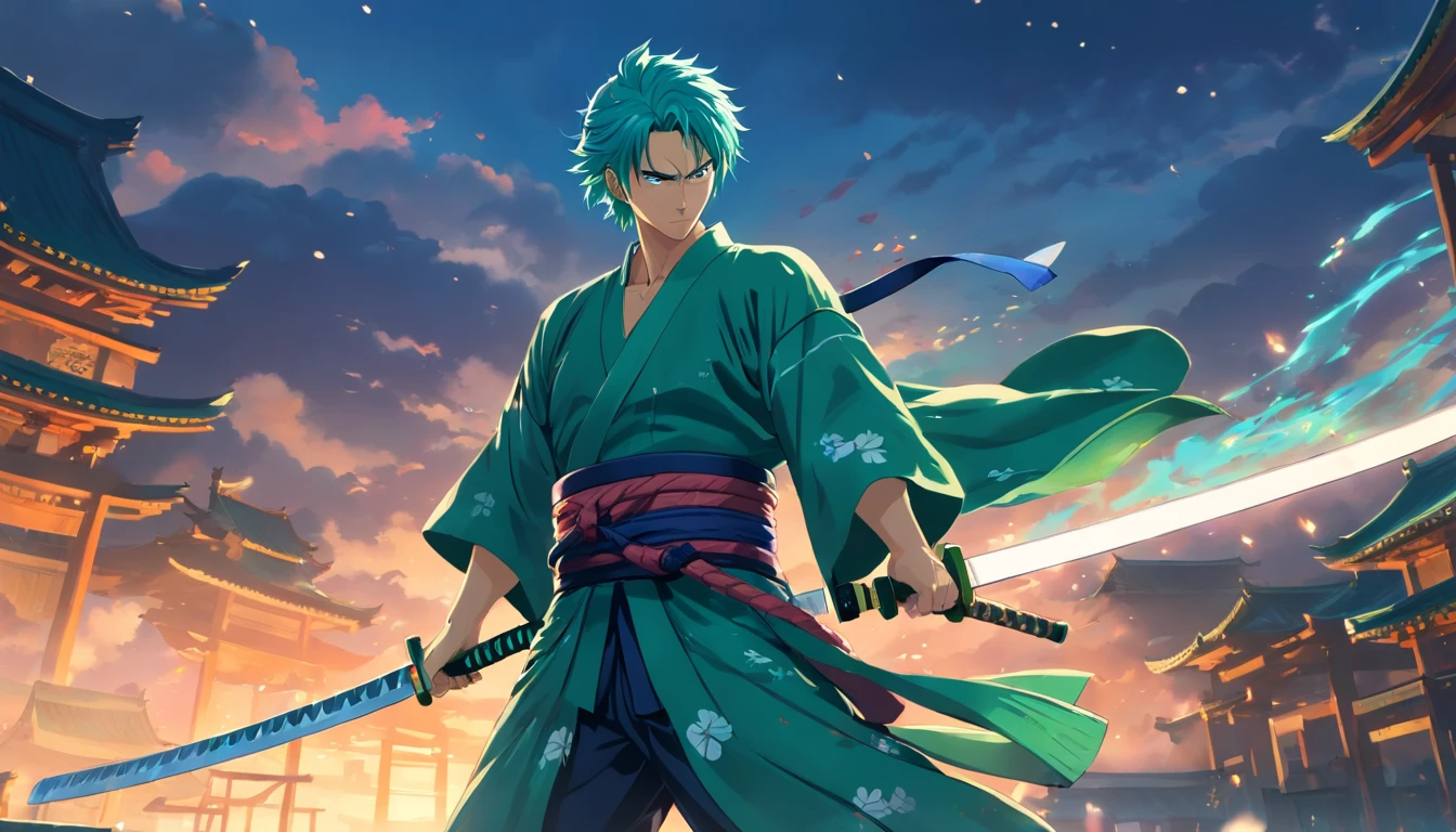 Roronoa Zoro(tmasterpiece,4K resolution,Ultra photo realsisim,The is very detailed),Solon(samurai theme,Glamorous,katana swords),Ultra HD 4K painting,Very realistic,The is very detailed。It shows a swordsman,He is a master of the katana style,Wearing a blue kimono,There are cloud details on the belt。The male protagonist has green hair,
Glows in light, Ultra photo realsisim, Dramatic shadows, film noir style, 4K