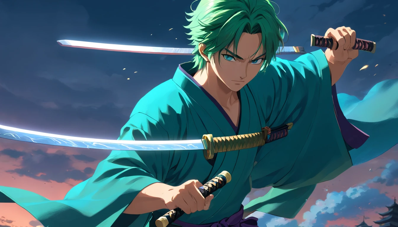 Roronoa Zoro(tmasterpiece,4K resolution,Ultra photo realsisim,The is very detailed),Solon(samurai theme,Glamorous,katana swords),Ultra HD 4K painting,Very realistic,The is very detailed。It shows a swordsman,He is a master of the katana style,Wearing a blue kimono,There are cloud details on the belt。The male protagonist has green hair,
Glows in light, Ultra photo realsisim, Dramatic shadows, film noir style, 4K