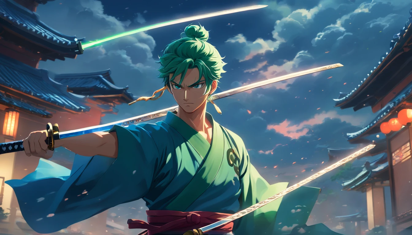 Roronoa Zoro（tmasterpiece，4K resolution，Ultra photo realsisim，The is very detailed），Solon（samurai theme，Glamorous，katana swords），Ultra HD 4K painting，Very realistic，The is very detailed。It shows a swordsman，He is a master of the katana style，Wearing a blue kimono，There are cloud details on the belt。The male protagonist has green hair，
Glows in light, Ultra photo realsisim, Dramatic shadows, film noir style, 4K