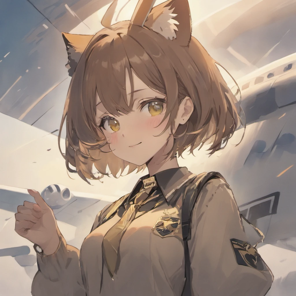 1girl, short black bob hair, yellow eyes, Round glasses, tan skin,dark skin ,BROWN SKIN, SHE HAS LIGHT BROWN SKIN, petite body, wearing plain white formal work shirt, wearing long black pants, business tie, absurdres, high res, ultrasharp, 8k, masterpiece, looking at viewer, cat ears, airline pilot uniform, airline pilot hat, white background, short sleeve, bangs, flat chest, whiskers, androgynous, she has cat ears on her head, she has cat teeth, cloudy background, holding pet black cat, smiling, large round glasses, no airplanes, airplane cabin background, wearing a choker on neck, collar on her neck, whiskers on her cheeks