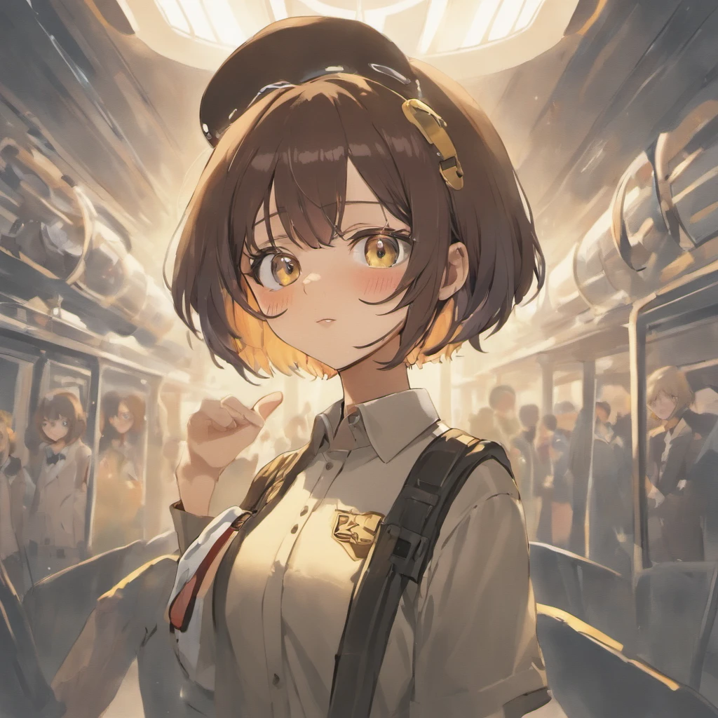 1girl, short black bob hair, yellow eyes, Round glasses, tan skin,dark skin ,BROWN SKIN, SHE HAS LIGHT BROWN SKIN, petite body, wearing plain white formal work shirt, wearing long black pants, business tie, absurdres, high res, ultrasharp, 8k, masterpiece, looking at viewer, cat ears, airline pilot uniform, airline pilot hat, white background, short sleeve, bangs, flat chest, whiskers, androgynous, she has cat ears on her head, she has cat teeth, cloudy background, holding pet black cat, smiling, large round glasses, no airplanes, airplane cabin background, wearing a choker on neck, collar on her neck, whiskers on her cheeks