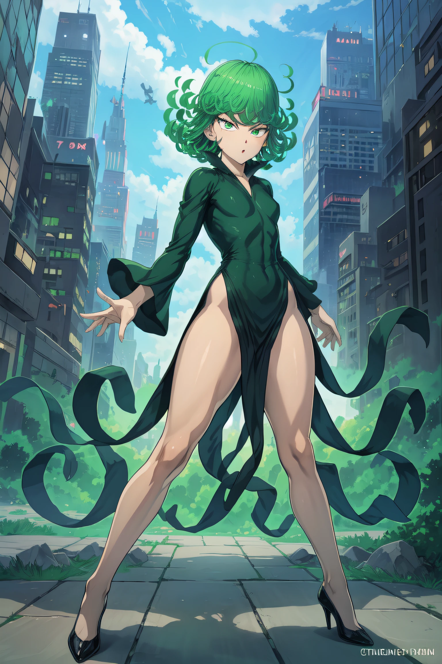Tatsumaki of a punch man, short green hair, green eyes, medium chest, full body view, wearing black V-neck dress with long sleeves and four high-cut leg slits, smiling, Standing in a destroyed city, dynamic pose , dynamic vision , hands on hips, (((legs muscular)))