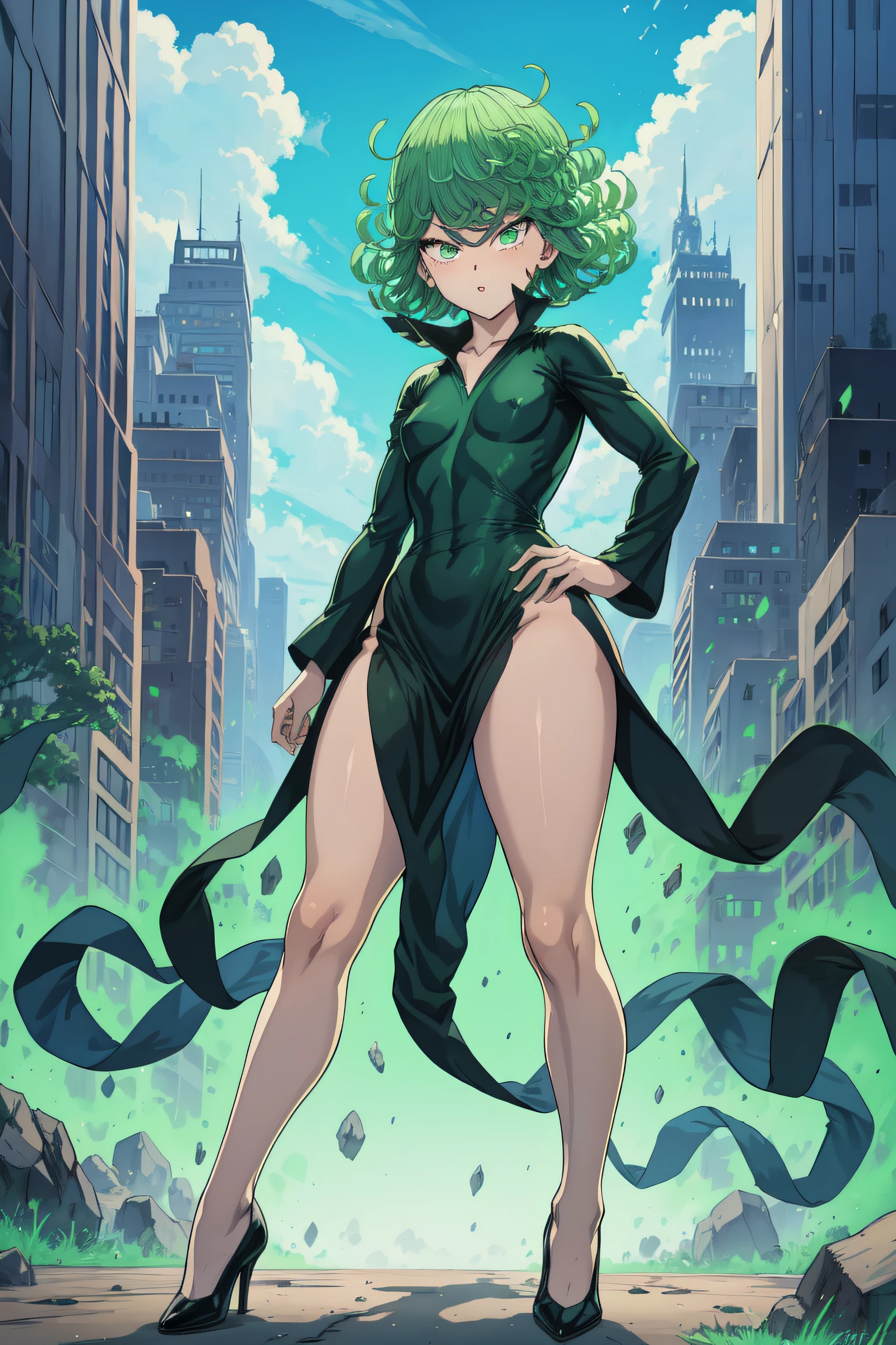 Tatsumaki of a punch man, short green hair, green eyes, medium chest, full body view, wearing black V-neck dress with long sleeves and four high-cut leg slits, smiling, Standing in a destroyed city, dynamic pose , dynamic vision , hands on hips, (((legs muscular)))