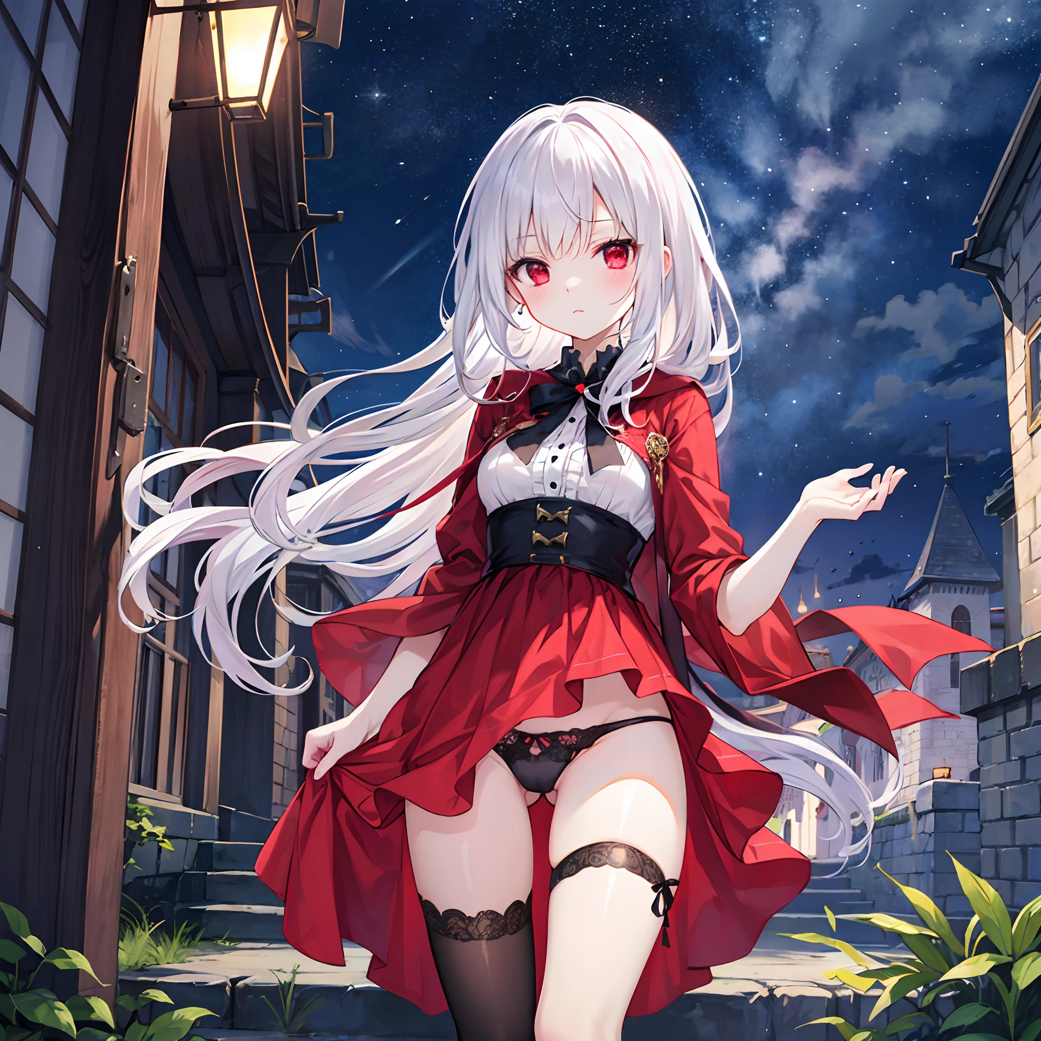 white  hair、red eyes、One beautiful vampire girl、doress、Raw feet、Midnight、Western castles、panties on