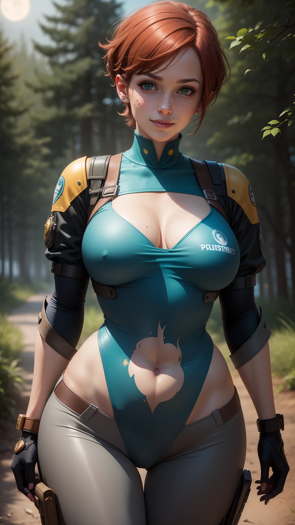 gwen tennyson,1girl,tracer,jill valentine, rebecca chambers,overwatch,resident evil,close up,mecha pilot,body paint, haunted forest,tattoos,blue and gray plugsuit,hair pin,steel short sleeve silk top,steel cargo pants,uncovered belly, short hair,cute makeup,green eyes,red and gold hair,shy smile,freckles, redhead,beautiful girl,large breasts, ultra detailed,realistic,fantasy art, military uniform,steel armor,haunted lab,moonlight,police uniform,pilot jacket, ear and belly button piercings,