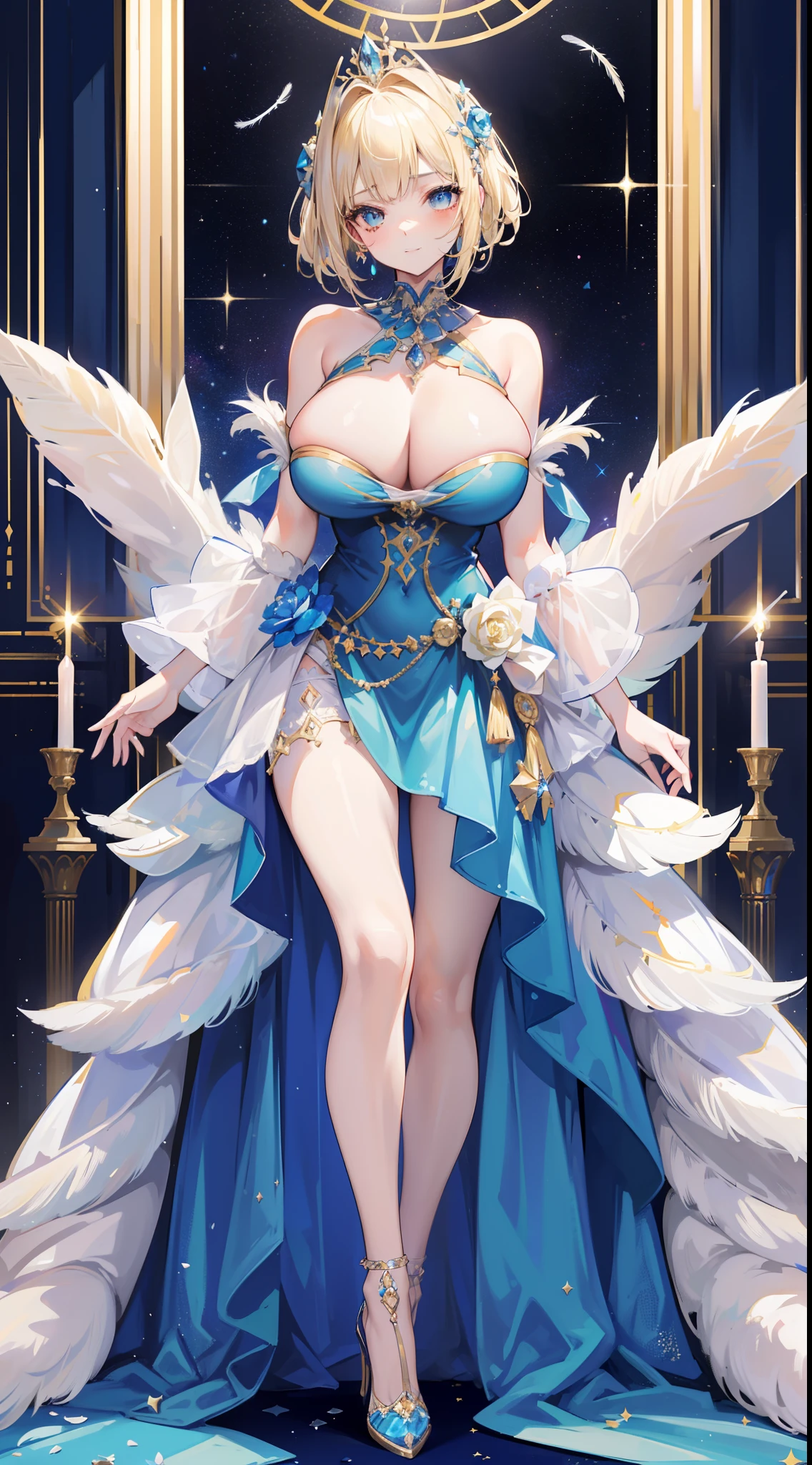 a beauty girl，ssmile，(short light blonde hair)，Royal nobility，(A princess)，Blue pupil，Tall figure，((Bandeau dress))，Low-cut skirt，(Starry evening dress)，ta skirt，show legs，Crystal heels，Red carpet，Prom website，(nobles)，(huge tit)，((Fluff feathers))，(Pubic bone)，Raped by a woman