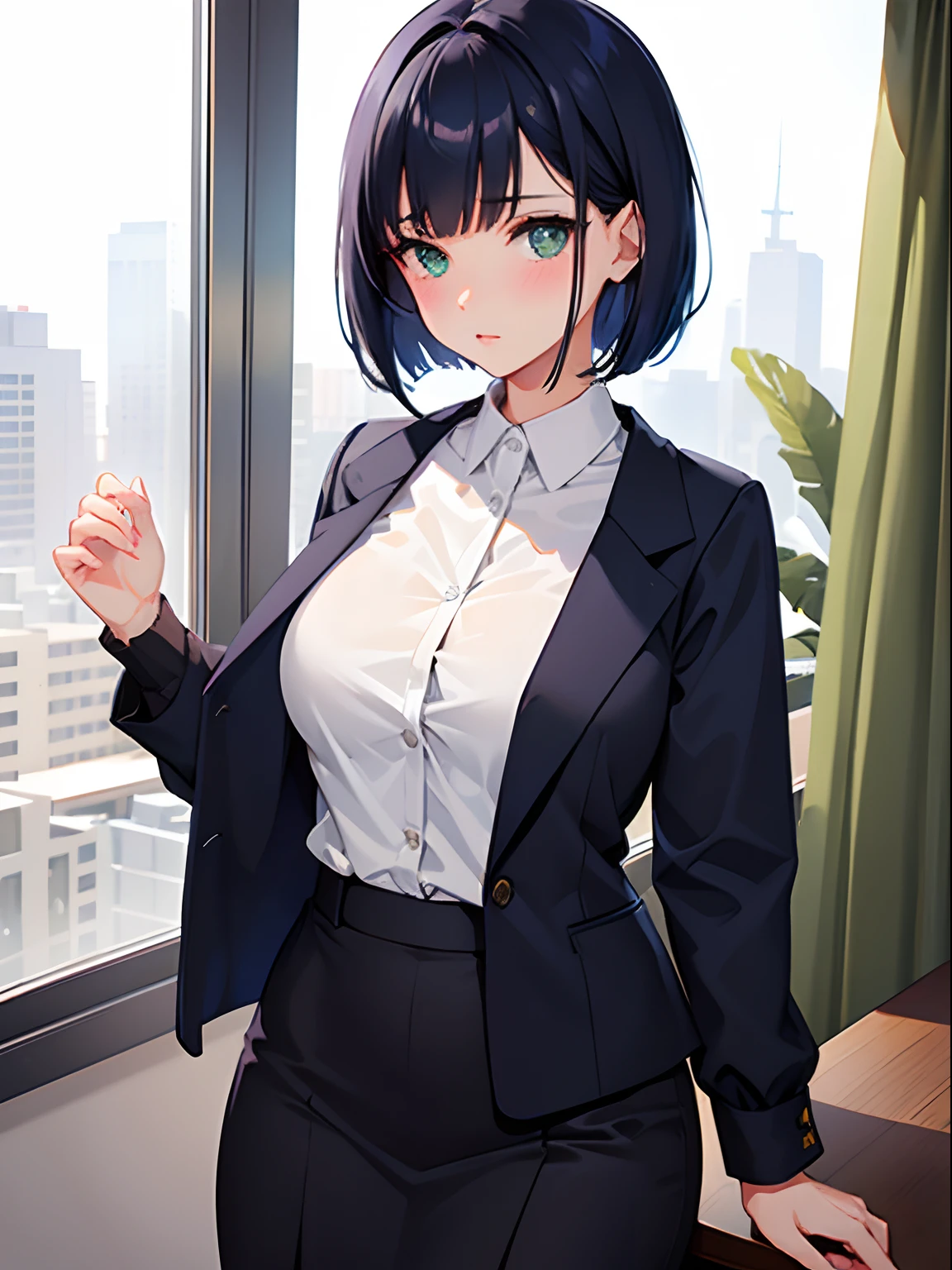 1 woman 25 years old, black eyes, a mature woman, worried eyes, female teacher, glasses, short black hair, curious face, white teacher shirt, black teacher miniskirt, black teacher jacket, holding a bag, walking, classroom hallway, extremely detailed, best graphics, 8k, ultrasharp, masterpiece