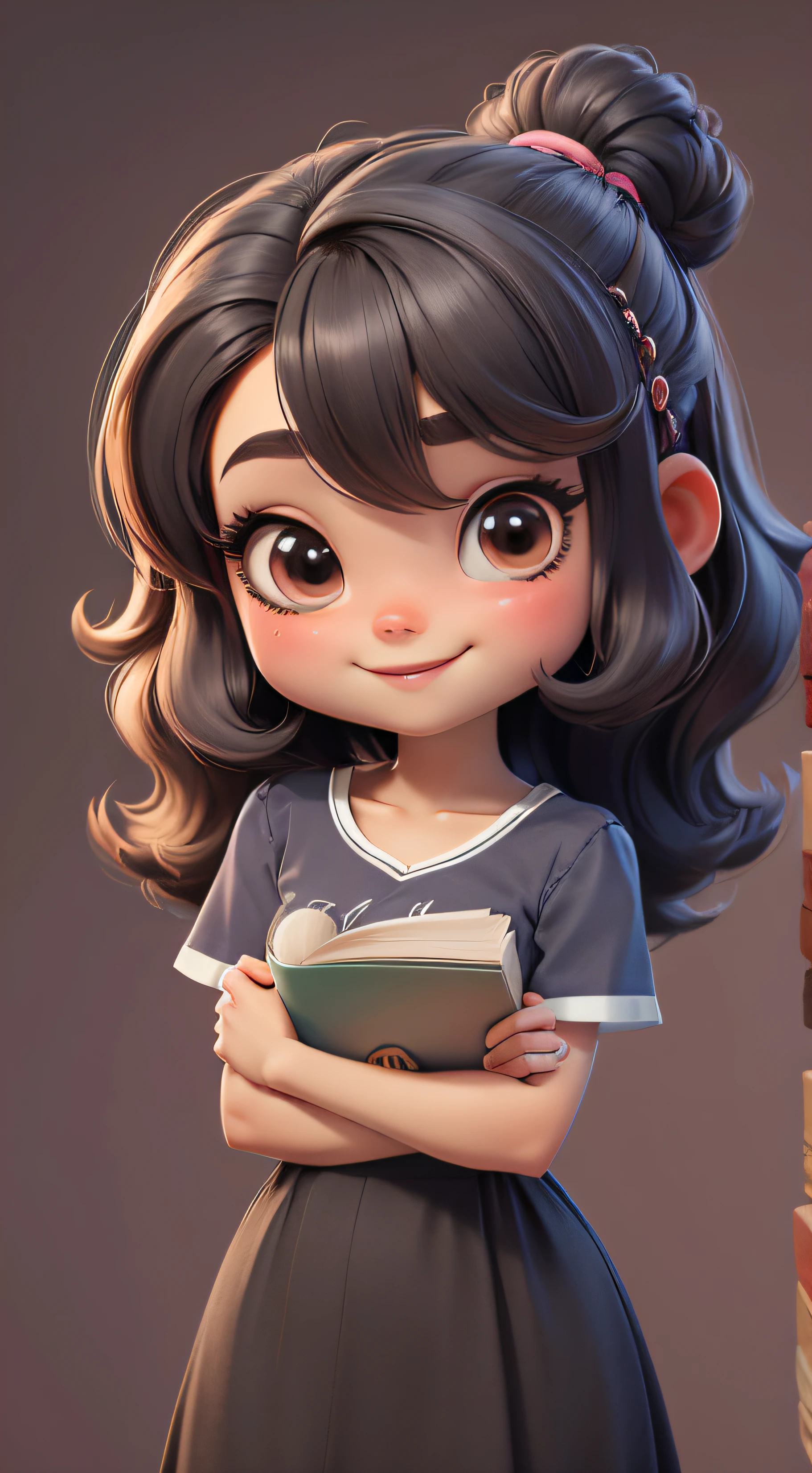 menina chibi de cabelo ondulado, cabelo longo, Hair up to waist, segurando um livro, professora, sorridente