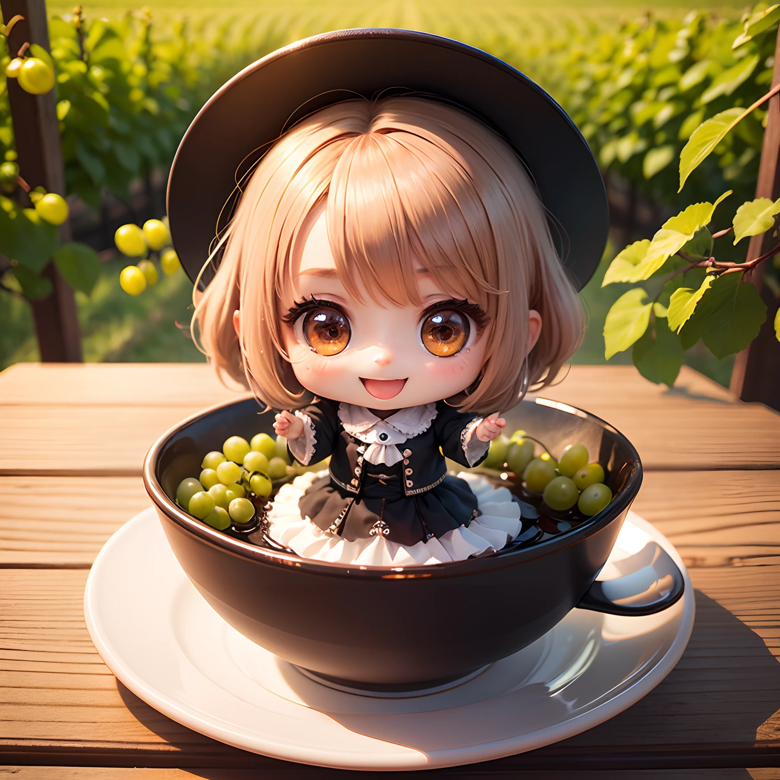 masterpiece、top-quality、ultra-detailliert、(Chibi Chara's Daughter:1.2)、Green vineyard、Raise your mouth and smile、Green grapes are in your hands、Standing