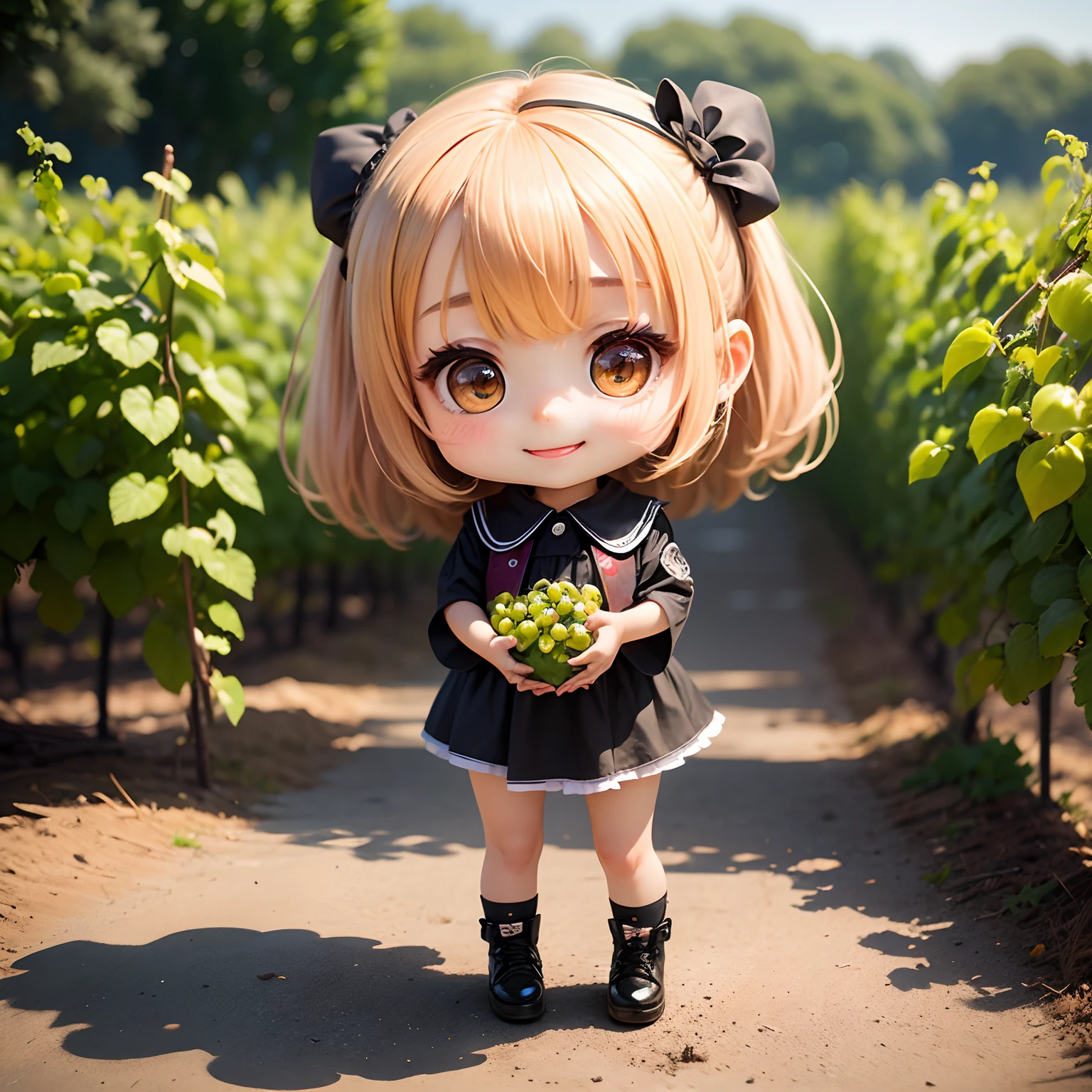 masterpiece、top-quality、ultra-detailliert、(Chibi Chara's Daughter:1.2)、Green vineyard、Raise your mouth and smile、Green grapes are in your hands、Standing