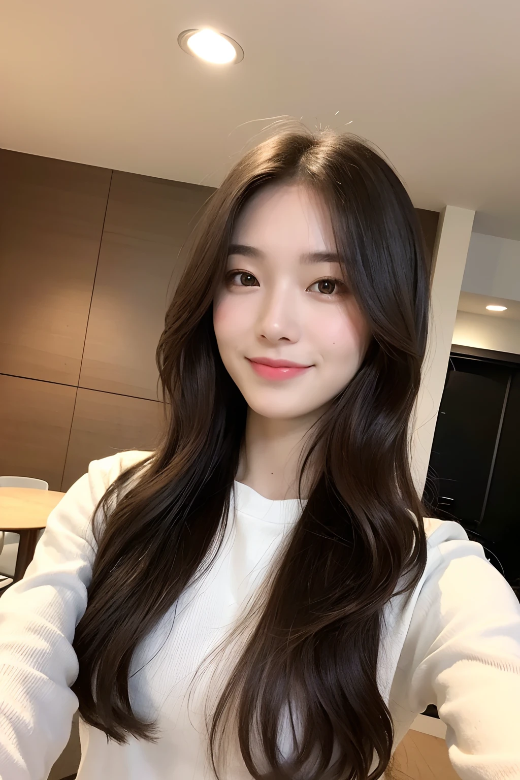 ((Top Quality, 8k, Masterpiece: 1.3)), 1 woman, Beautiful girl with slender abs: 1.3, (Hairstyle random, big: 1.2), Plain clothes: 1.2, Indoor, Ultra detailed face, Detailed eyes, Double eyelids, Long Wavy Brown hair, College student, Smile, Bewitching