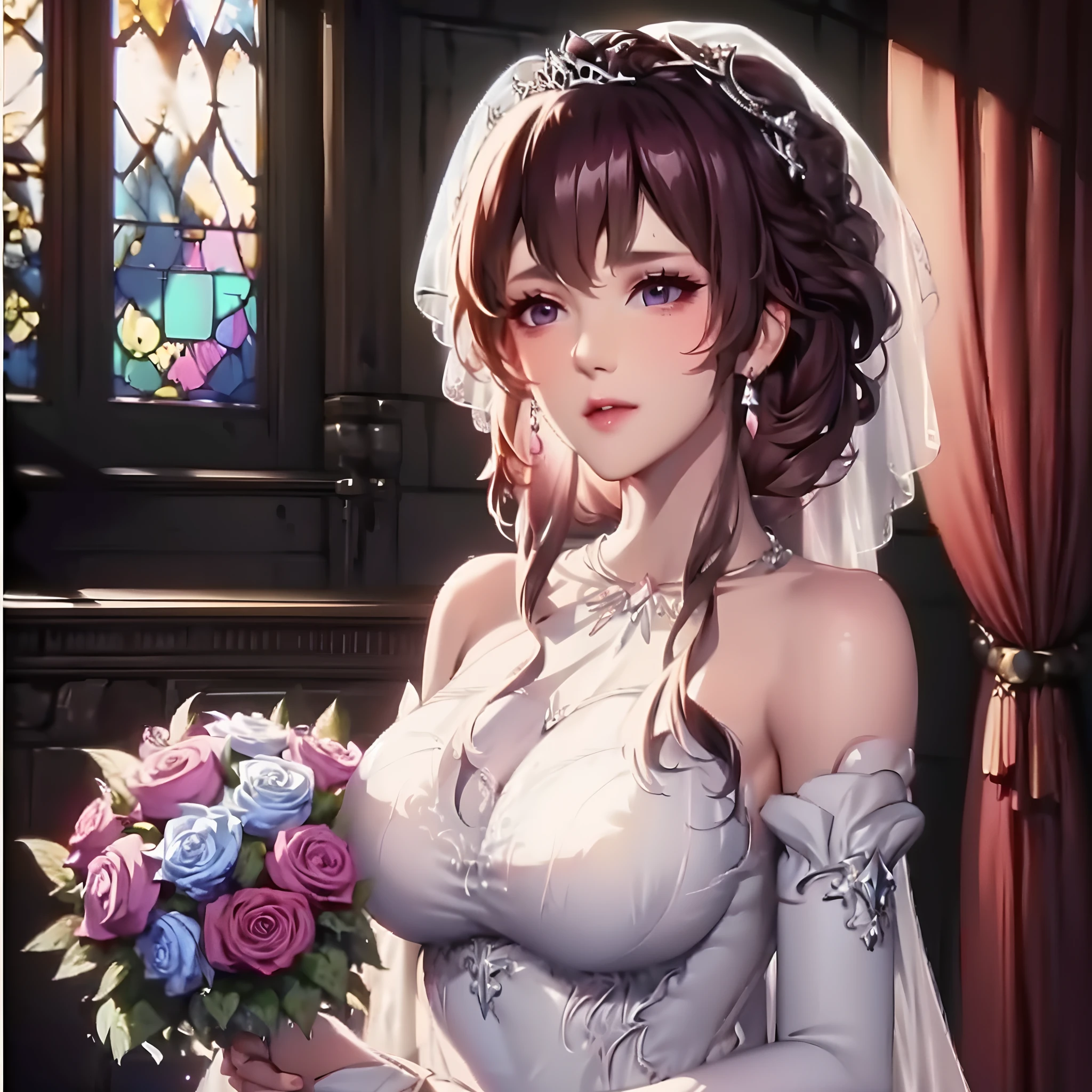 Close-up of a beautiful bride wearing a beautiful wedding dress, Gurwitz,(Pillory:1.5), (flail:1.2), flail on the head, flail on the hands,full body photo, whole body, (bridal veil: 1.5), (transparent short veil: 1.5), flushed face, head flower, tiara, Very detailed princess wedding dress,(tube wedding dress: 1.5), (silk dress: 1.2 ), (strapless wedding dress: 1.5), (floor length skirt:1.2), pure white dress,white long skirt, necklace, earrings, (huge breasts: 1.3), deep V heart-neck wedding dress, bangs, lipstick, (lace gloves: 1.3), high detail RAW Color art,