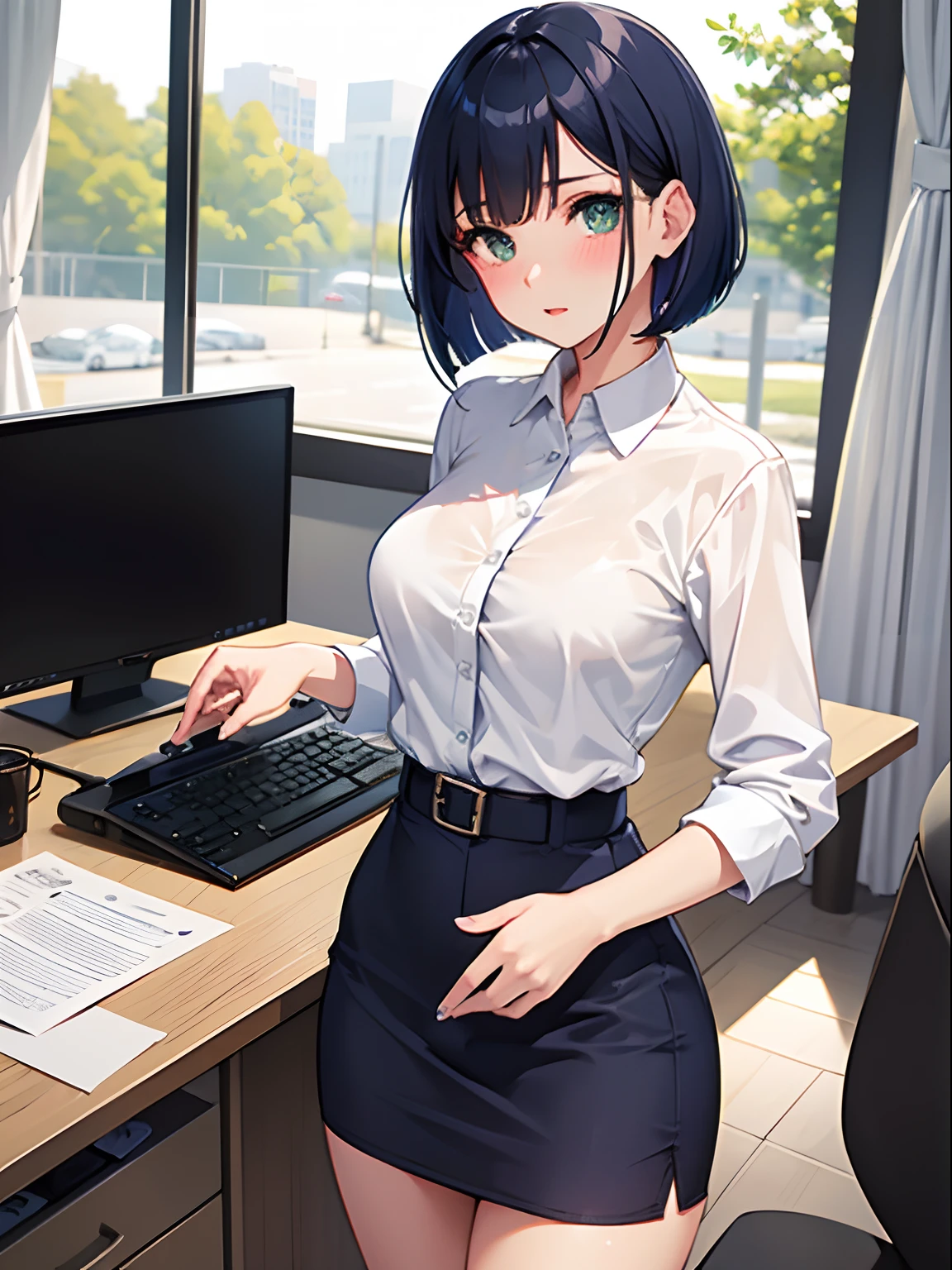 1girl in,Navy blue bob hair,Navy green eyes,Cute,blush,girlfriend,medium breasts, ty, Office wear, Office room