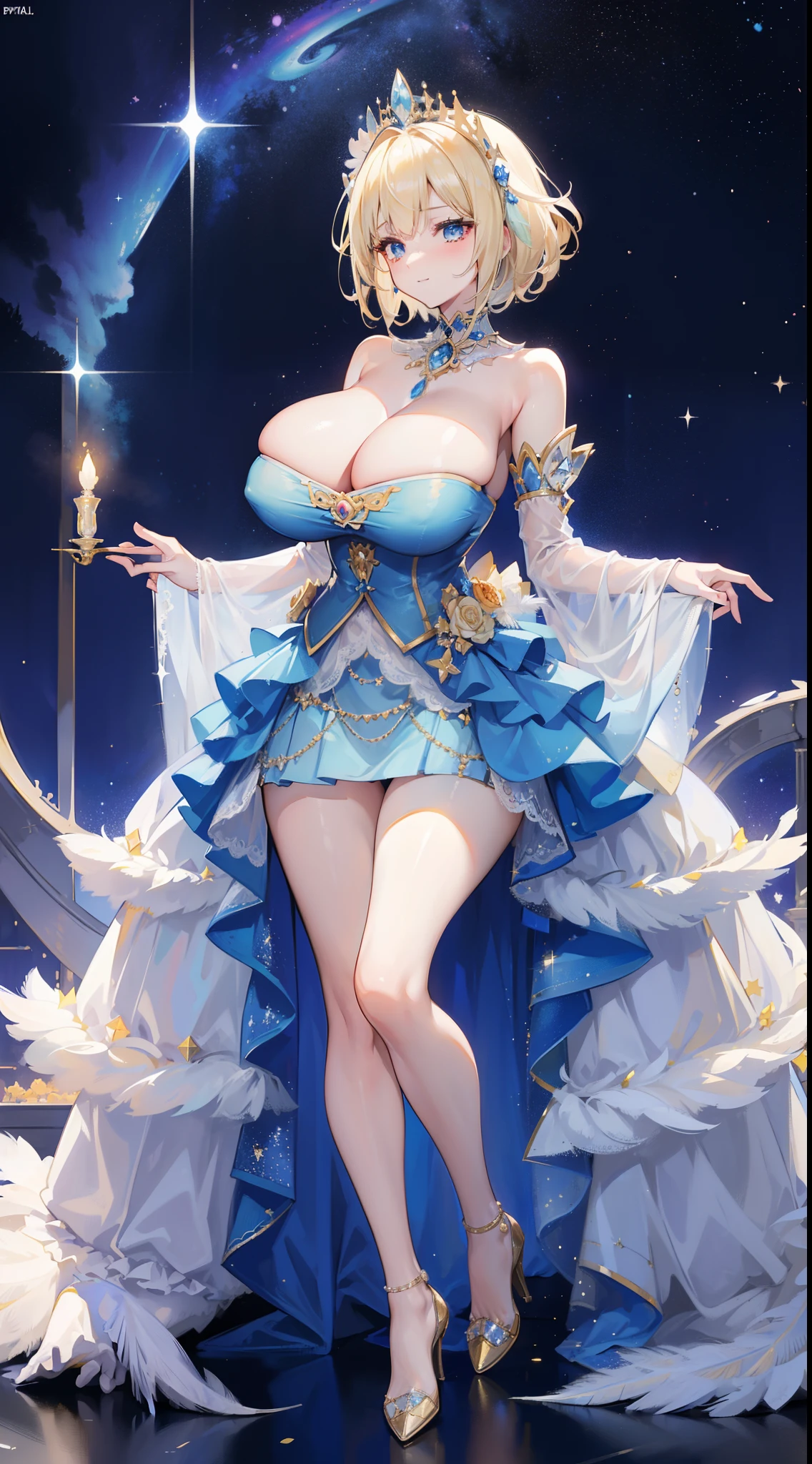 a beauty girl，ssmile，(short light blonde hair)，Royal nobility，(A princess)，Blue pupil，Tall figure，((Bandeau dress))，Low-cut skirt，(Starry evening dress)，Lolita skirt，show legs，Crystal heels，Red carpet，Prom website，(nobles)，(huge tit)，((Fluff feathers))，((Pubic bone))，Raped by a woman