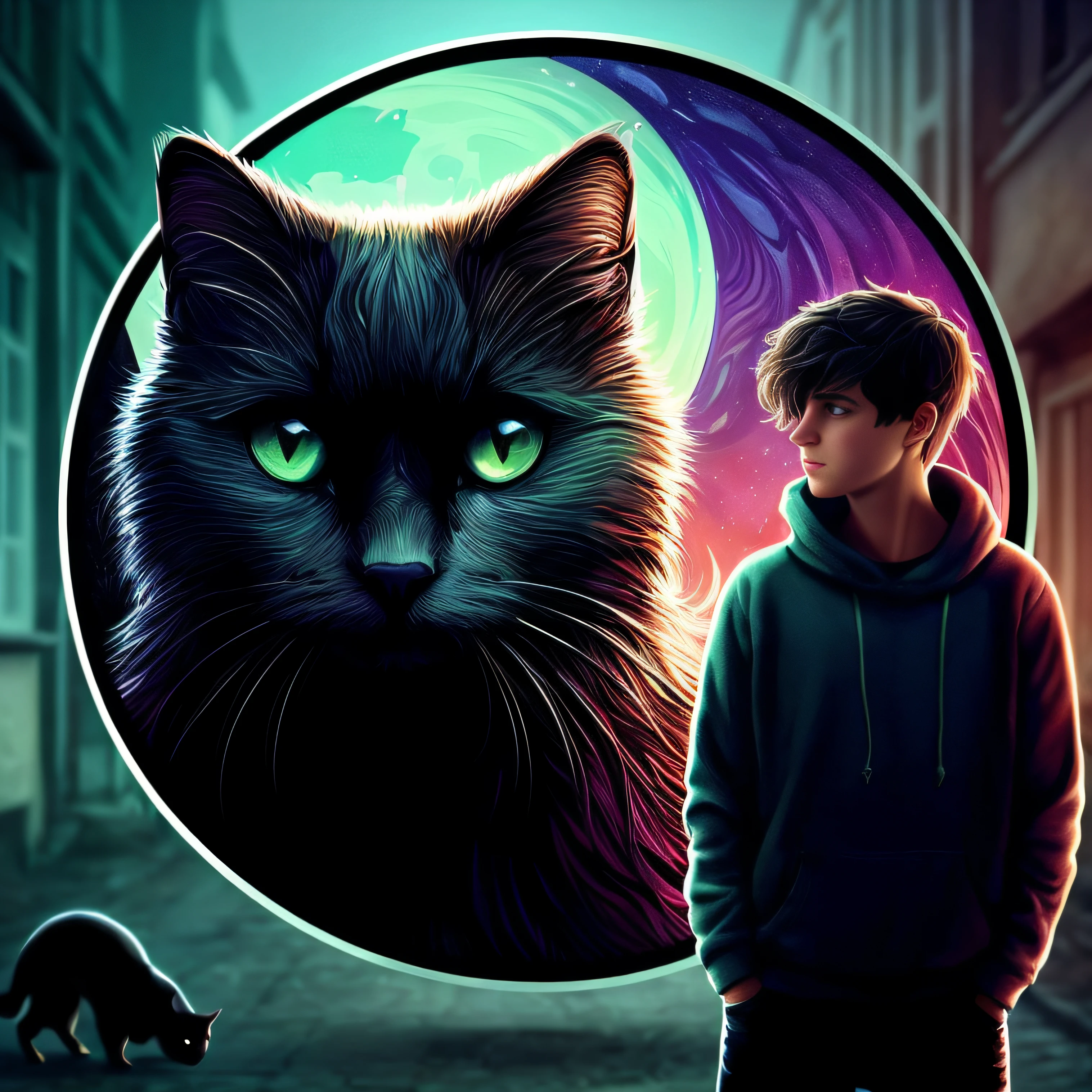 Crie uma outra imagem com este gato grande de olhos verdes e com este rapaz de 18 anos de idade. Pintura digital, arte de fundo, in excellent quality digital illustration style.