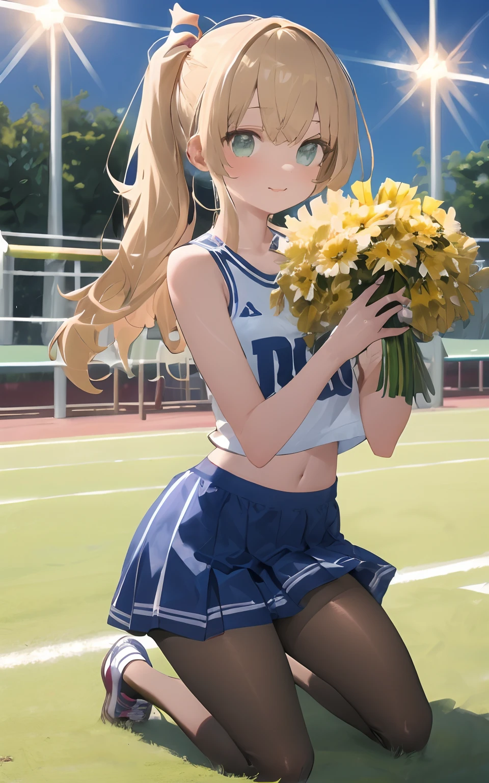 (Original Character、Unity 16K wallpaper, Masterpiece, Best quality, Ultra-detailed, Extremely detailed CG, Caustics, Cinematic lighting, Detailed,  超高分辨率, Fine skin, (cheer leader, Clothes writing, Crop top, Sleeveless shirt, midriff, Miniskirt, Pleated skirt), (Strong light)、((Illuminate the subject))underwear, underwear，lace edge，lacepantyhose，is shy，kneeling down，big assa，painted eggshell，cheer，cheerfulness，perspire，soaking wet，cleanness，spotlight lights，playground，grassy fields，All