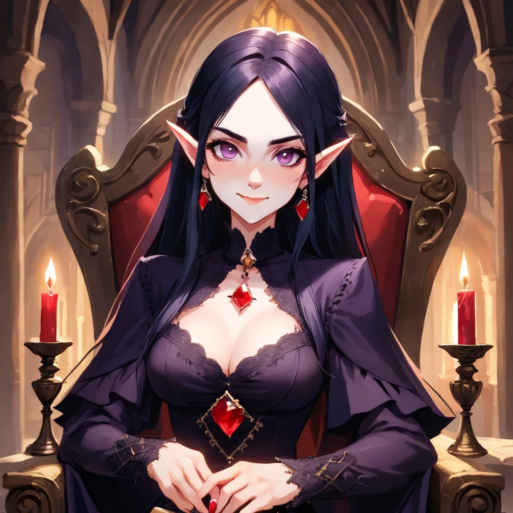 ((illustration of a female version of Strahd Von Zarovich in sexy gothic noble outfit sitting on a throne holding a glass wine goblet filled with blood)), royal noble outfit, ((vampire)), has teeth fangs, long black hair, portrait, 8k resolution, masterpiece, high quality, ultra detailed eyes, 1girl, female focus, voluptuous figure, ((sad smiling)), vampiric features, teeth showing, vampire fangs, pale skin, elf ears, castle interior background, gothic theme, dungeons and dragons fantasy aesthetics, use Curse of Strahd visuals, sassy demeanor