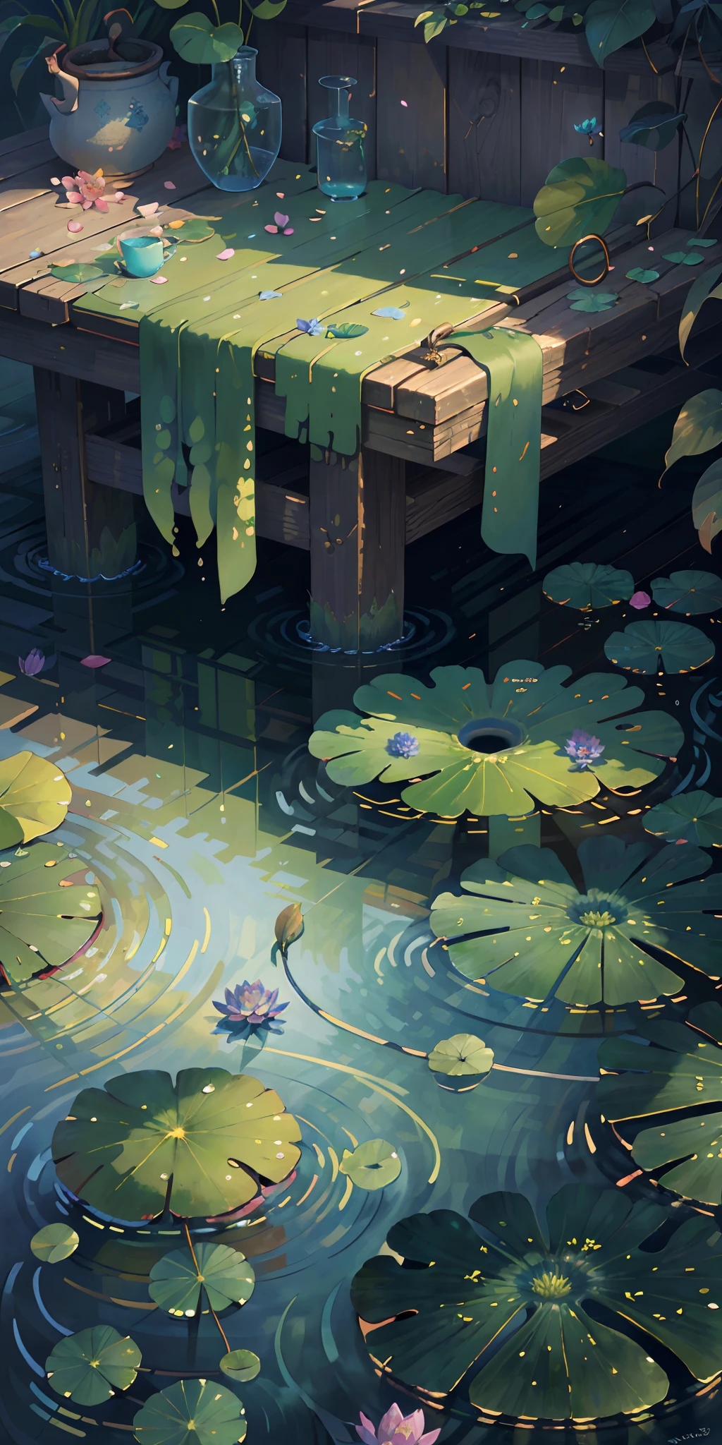 Original,Masterpiece, (illustratio:1.1),(best qualtiy),(tmasterpiece:1.1),(the Extremely Detailed CG Unity 8K Wallpapers),(a color:1.2),water lilies,Water lily petals,scenecy,rios|Wagas,