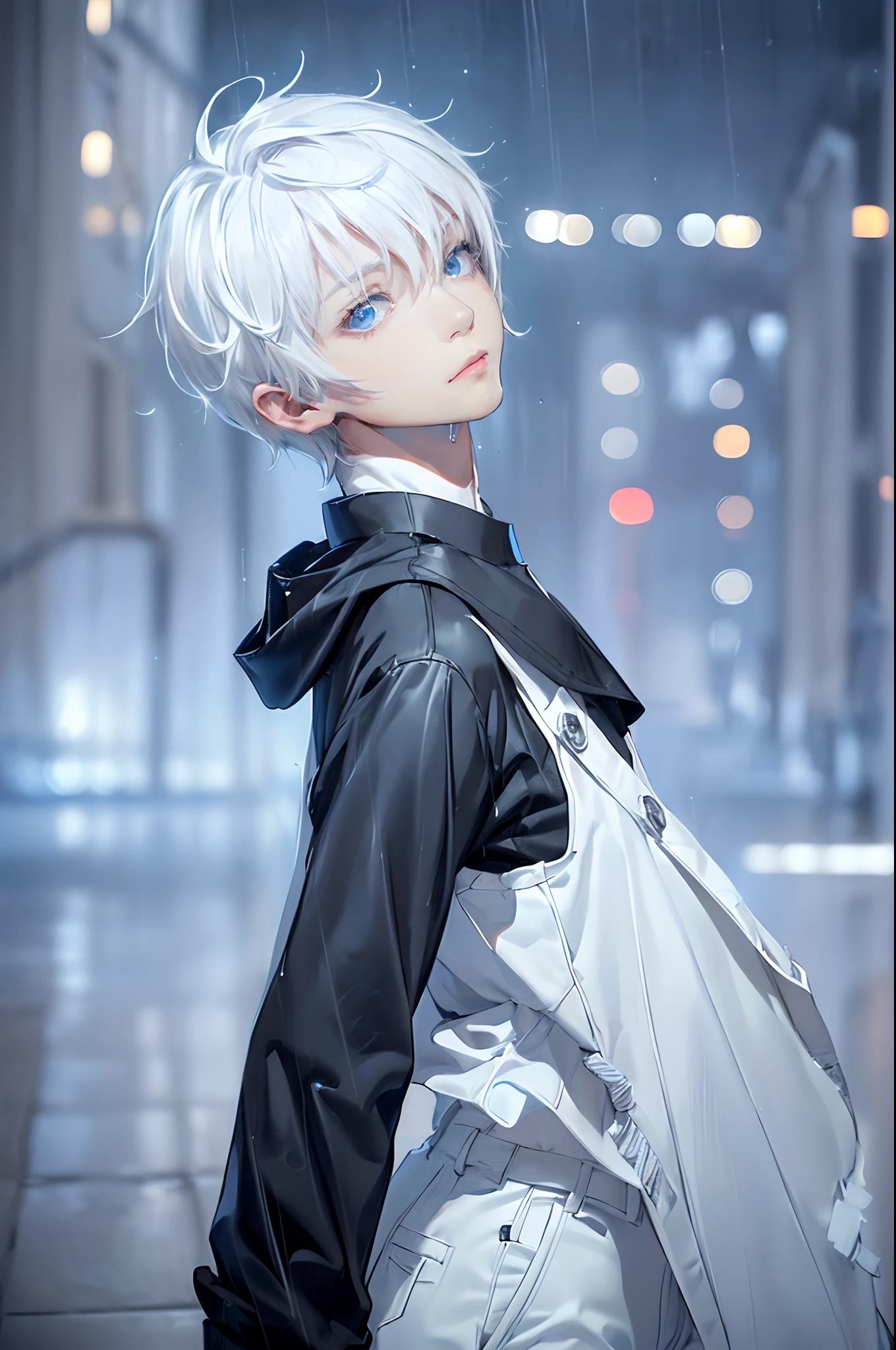 masterpiece, best quality, high quality, 1boy, solo, male focus, looking at viewer, upper body, killua_zoldyck, Glowing blue eyes,White hair,
