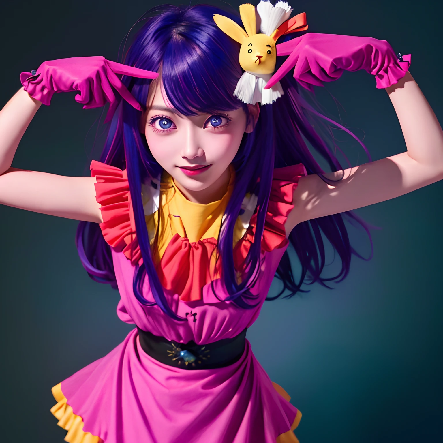 top-quality, 8K, ultra-detailliert, masutepiece, Best Quality, hight resolution, nffsw, Perfect Pixel, 1girl in, full body Esbian, cowboy shot, (Rembrandt), illustratio, (masterpiece), (top-quality), (Ultras_Detailed), finely detail, (depth of fields), HshinoAi、(gloves:1.3), (put out the tongue:1.3), (put out the tongue:1.3)、The long-haired、stele\(Symbols\)、Look at viewers、(purple color hair:1.2)、a purple eye、The upper part of the body、rabbit hair ornament、:P、frilld、PINK SHIRT、A smile、Sleeveless、The shirt、Idol、Symbol-shaped pupil、raise two hands、bangss、One side up、Star-shaped pupil、with arms up、(Hoshino Ai Pose:1.2), dress pull、 Roaring 20s、Isoscale、From above、Skysky、florals、cliff、The background is on the stage