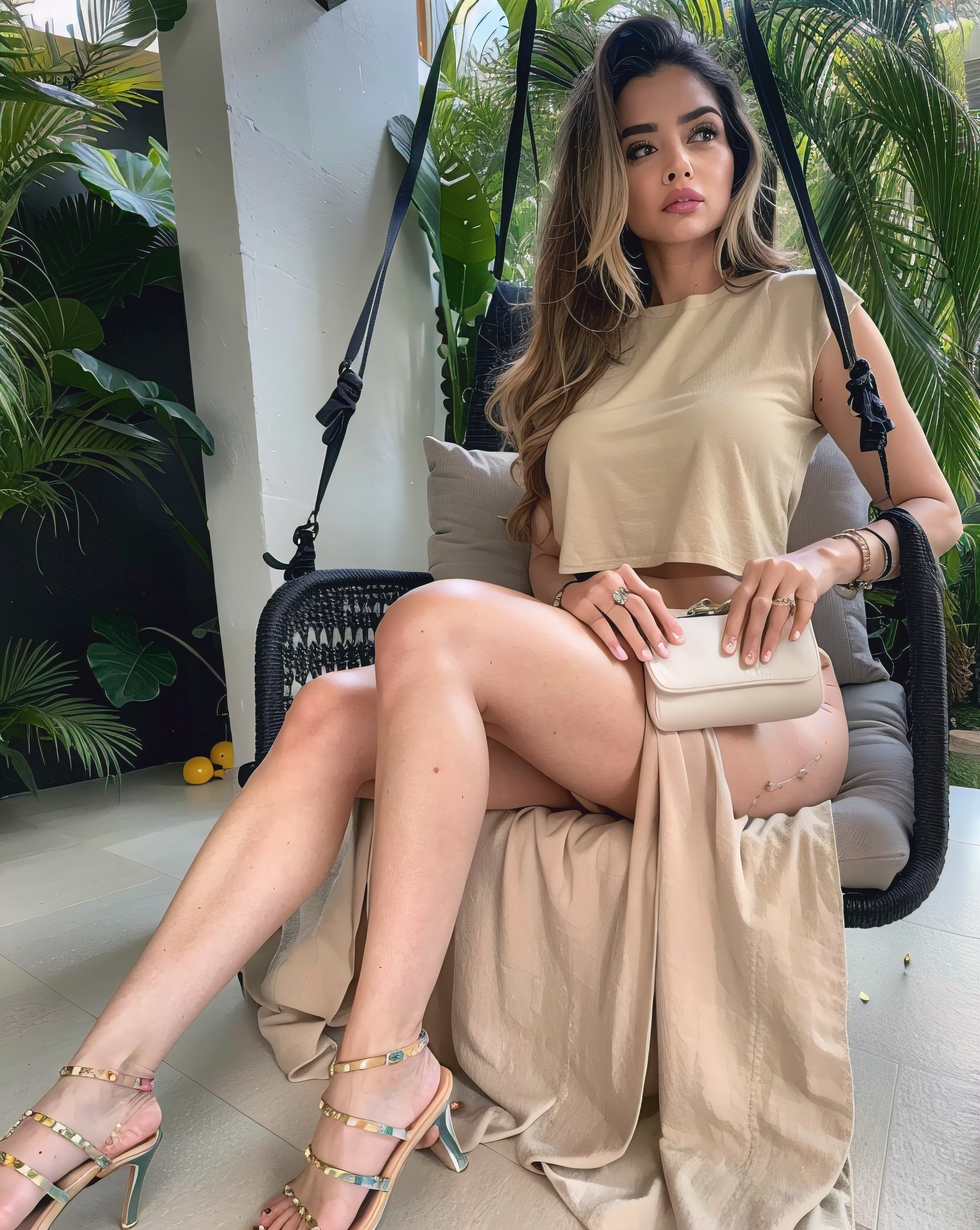 Araffe sentado en un columpio con un bolso y un bolso, look sexy, lorena avarez, topo, Julia Fuentes, beige arenoso, by Nándor Katona, 🤬 🤮 💕 🎀, Mariscala Becker, por Judith Gutierrez, Vista de longitud completa, Parece realista, por Milton Menasco, Karla Ortiz, por Gabriel Ba