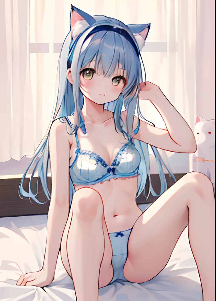 (((masterpiece:1.5、top-quality、hight resolution:1.3、Hyper-Resolution、ultra-detailliert、ultra-detailliert:1.3、Rich backgrounds:1.2)))、shiina mahiru、yellow eyes、Floating hair、Very long hair、bluntbangs、cute hairpin、Chopper、an lingerie、bra very、a navel、panties on、Look at viewers、light particules、鎖骨、strap slip、Mouth closed、inside the house、jewely、sleeveless、bedroom、sitting on a bed、claw pose、feet pose、 tilt of the head、Cat ear headband、cleavage of the breast、medium chest、White underwear
