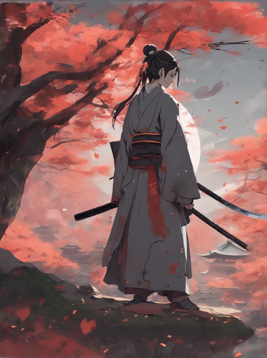 "(Best quality,4K,8K,A high resolution,Masterpiece:1.2),Ultra-detailed,Realistic, hdr, Autumn scenery in Japan, Flying autumn leaves, (Broken, Damaged, Old) Samurai armor, (Kneeling, Crouching) Samurai, (Falling, Scattered) Autumn leaves, (Dirty, Weathered) katana swords, (Cracked, Damaged) helmet, (Vivid, vibrant) colours, (soft, warm) Color Palette, (Natural, warm) lighting, (serene, Peaceful) atmosphere, A traditional Japanese landscape, (tranquil, Quiet) ambiance, (rustling, gentle) breeze, Hidden Face, (mysterious, Secretive) Samurai, (forget, Abandoned) battlefield, (tranquil, calm) energy, (Nostalgic, desire big breasts) scenery, (attractive cleavage, big breasts enchanting) Autumn colors, (calm, serene) Demeanor, (frotting, tattered) enviroment, (Lost, forget) battlefiled, Falling cherry blossom petals, Delicate brushstrokes, The essence of Japanese culture"