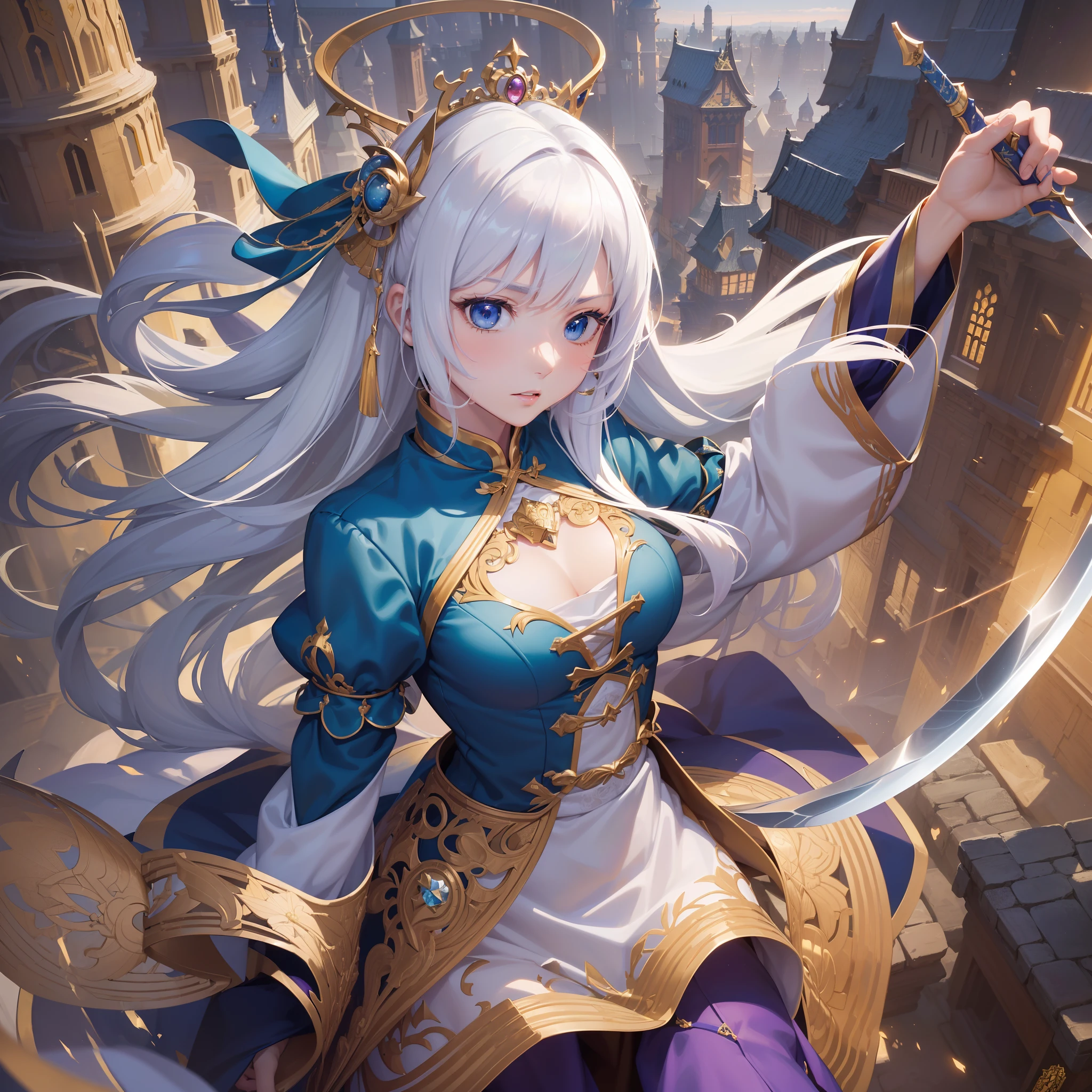 ((Finest quality)),(超A high resolution),(ultra-detailliert),((Best Anime)),sharpnes,Transparency:1.1,Fantasy art with astounding depictions,Falling Stars々:1.3,Dynamic poses:1.1, (1 Princess Swordsman:1.1,(Dense and detailed hu clothes:1.4),Serious gaze),